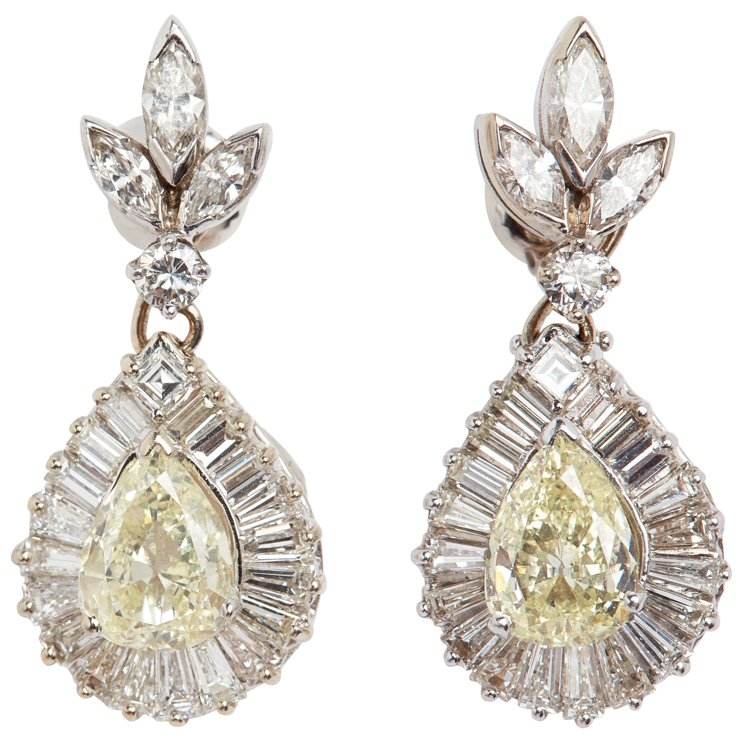 Natural Fancy Yellow and White Diamond Earrings with 18 Karat White Gold