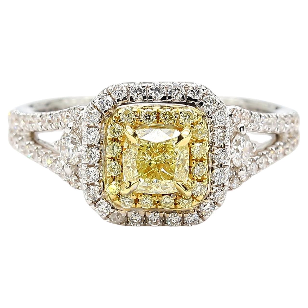 Natural Fancy Yellow Cushion Diamond 1.01 Carat TW Gold Cocktail Ring