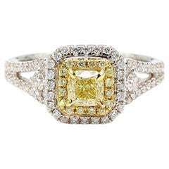 Natural Fancy Yellow Cushion Diamond 1.01 Carat TW Gold Cocktail Ring