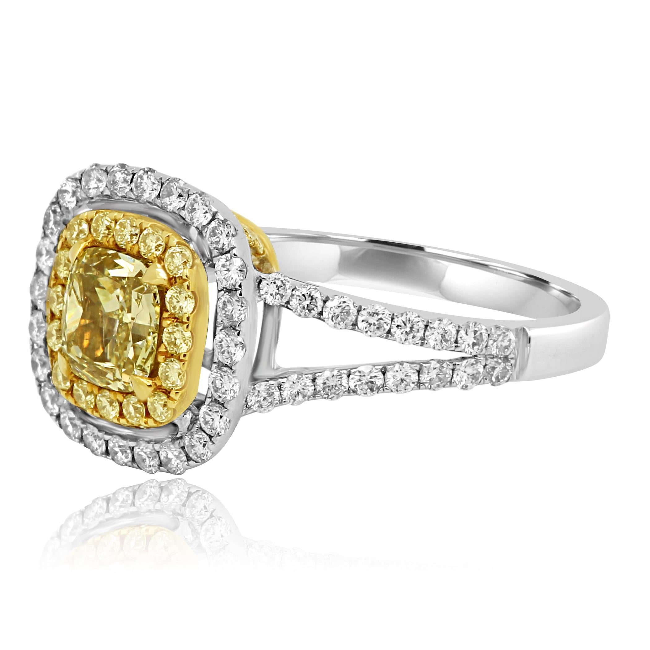 Modern Natural Fancy Yellow Cushion Diamond Double Halo Two-Color Gold Bridal Ring