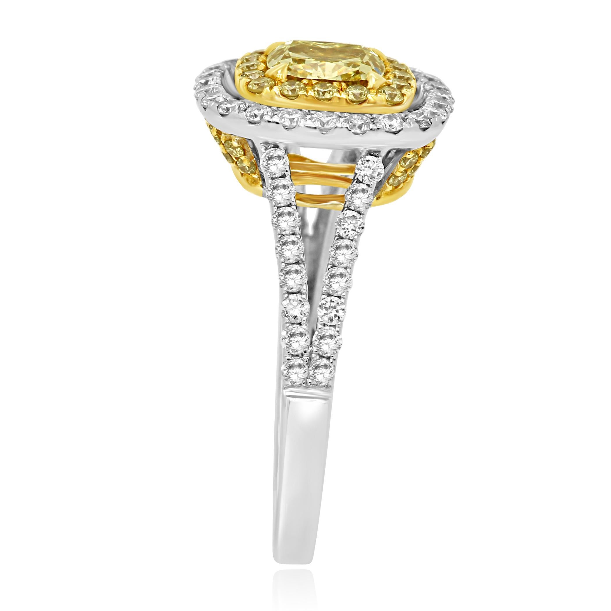 Cushion Cut Natural Fancy Yellow Cushion Diamond Double Halo Two-Color Gold Bridal Ring