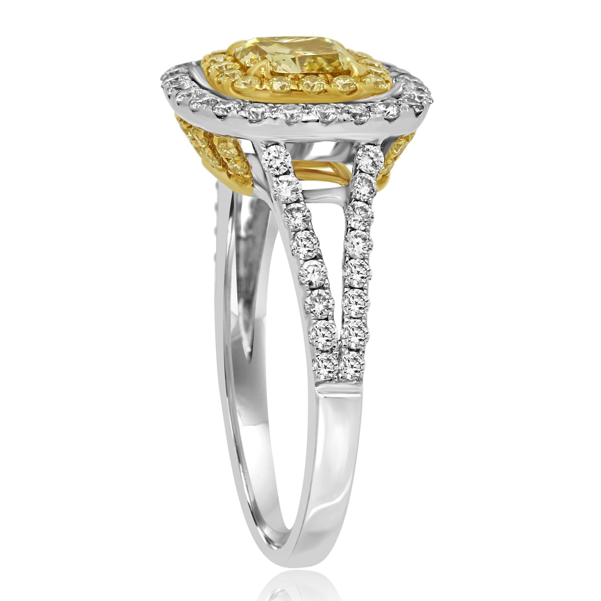 Natural Fancy Yellow Cushion Diamond Double Halo Two-Color Gold Bridal Ring In New Condition In NEW YORK, NY