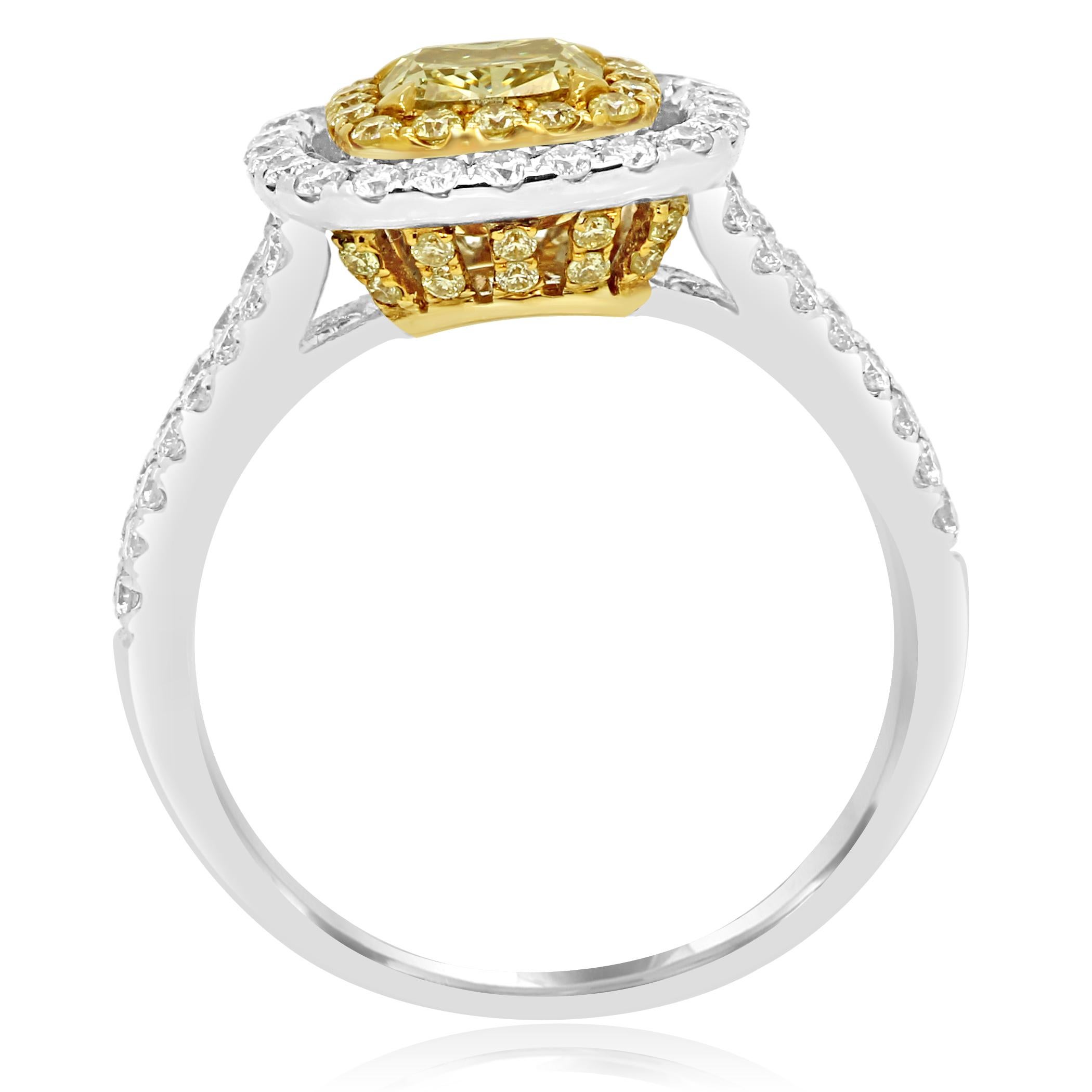 Women's Natural Fancy Yellow Cushion Diamond Double Halo Two-Color Gold Bridal Ring