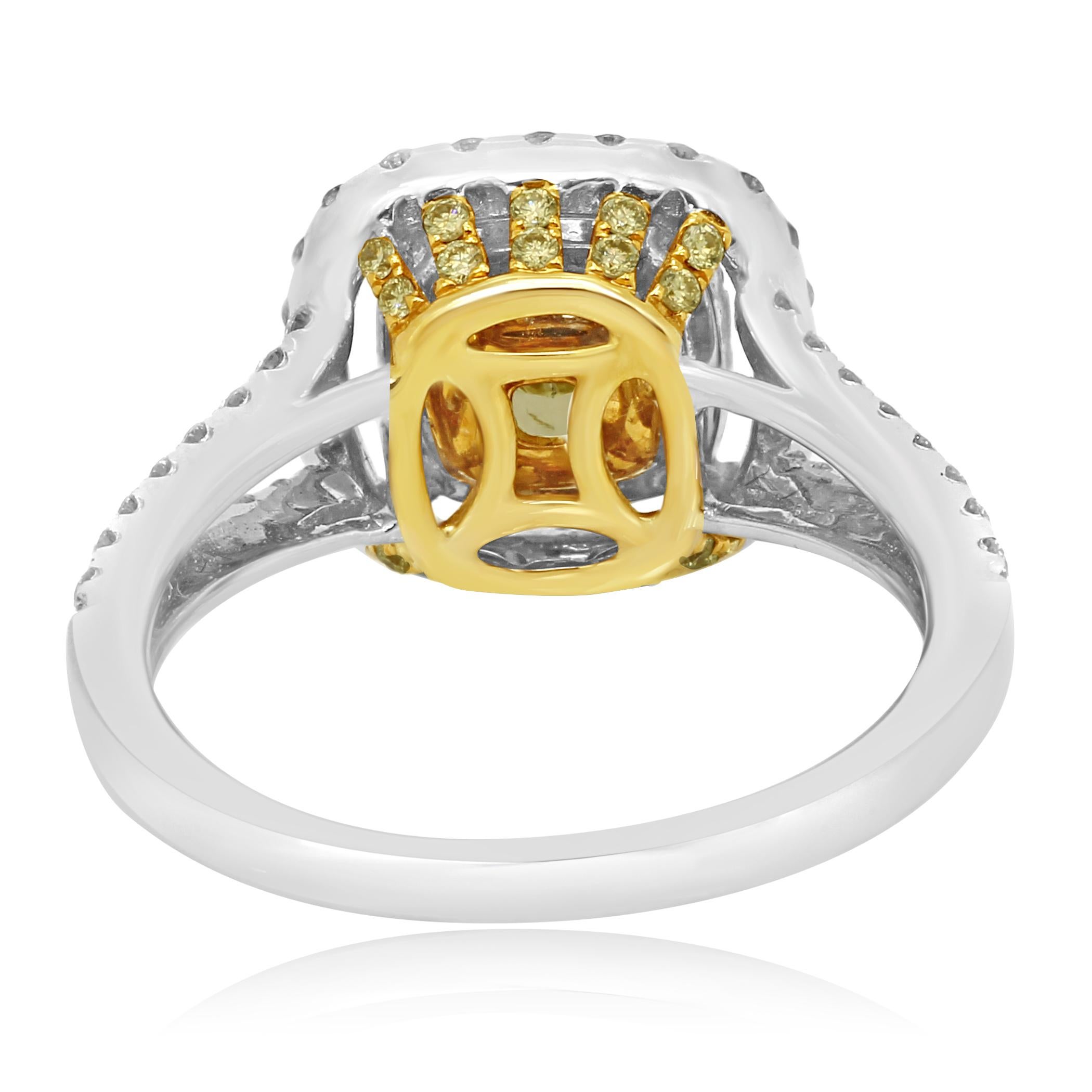 Natural Fancy Yellow Cushion Diamond Double Halo Two-Color Gold Bridal Ring 1