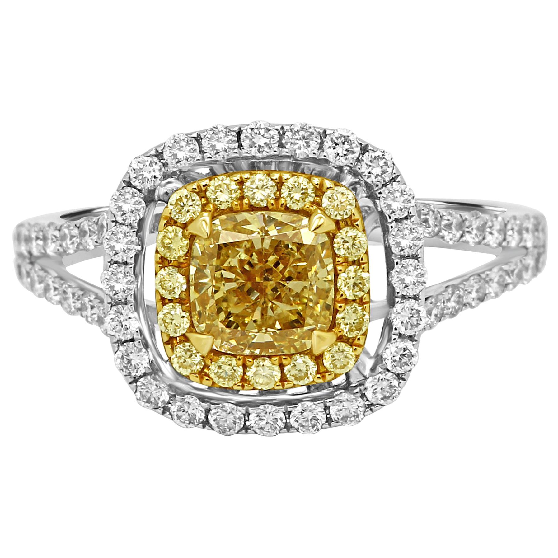 Natural Fancy Yellow Cushion Diamond Double Halo Two-Color Gold Bridal Ring