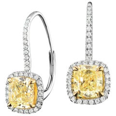 Natural Fancy Yellow Cushion Diamond Drop Earrings in 18 Karat Two-Tone Gold