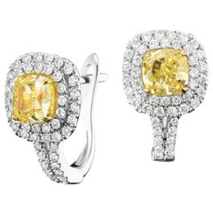 Natural Fancy Yellow Cushion Diamond Huggies Earrings in 18 Karat Two-Tone Gold