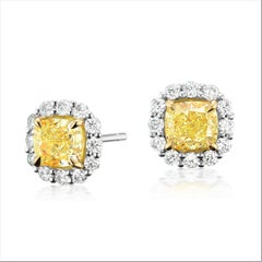 Natural Fancy Yellow Cushion Diamond Stud Earrings in 18 Karat Two-Tone Gold