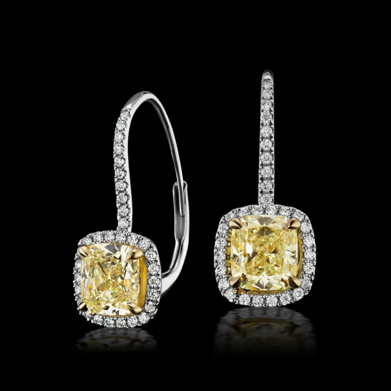 Natural Fancy Yellow Cushion Diamond Drop Earrings in 18 Karat TwoTone