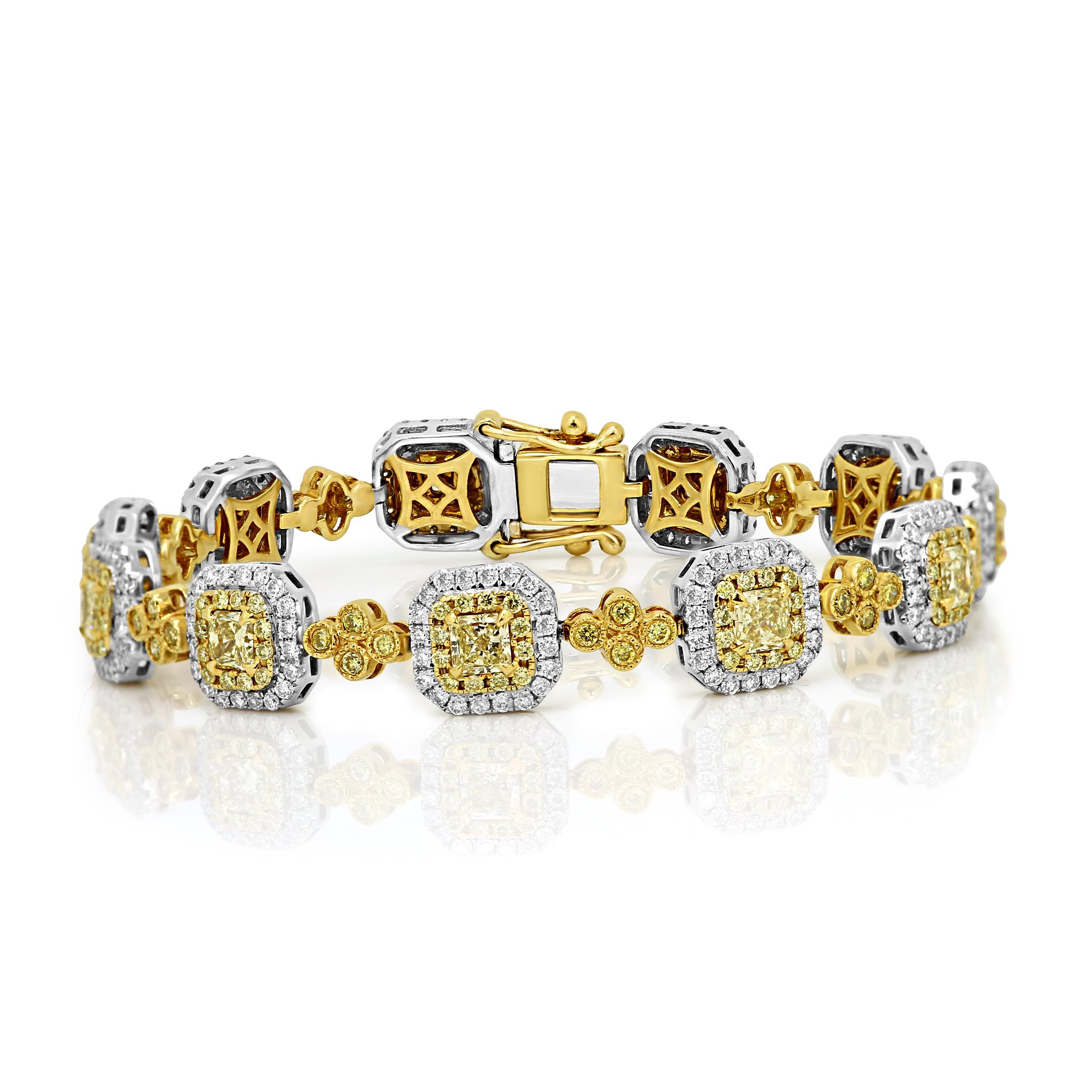 Radiant Cut Natural Fancy Yellow Diamond Double Halo Two-Color Gold Bracelet