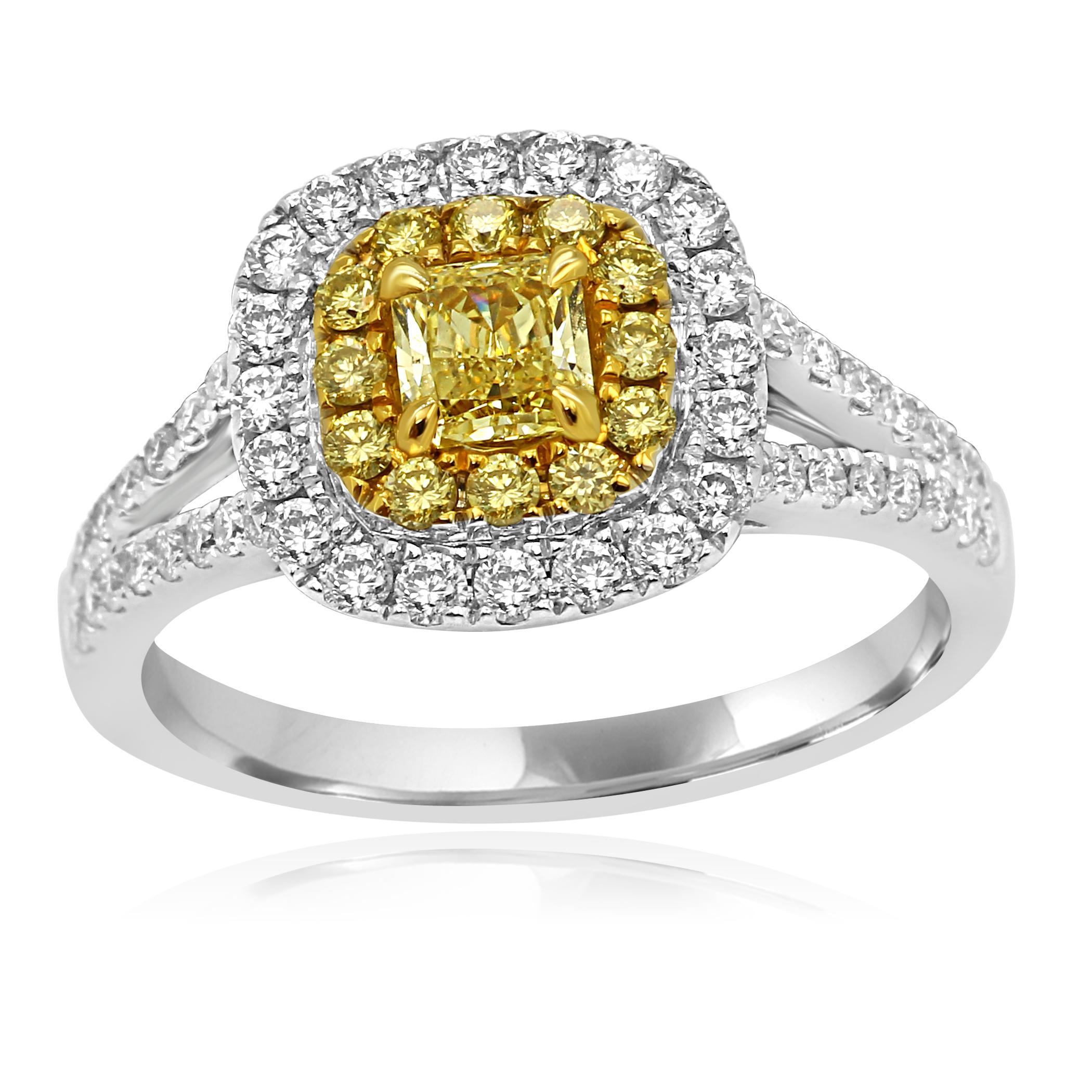 Gorgeous Natural Fancy Yellow Diamond Radiant Cut VS-SI Clarity 0.35 Carat Encircled in a Double Halo of Natural Fancy Yellow Round Brilliant Diamonds VS-SI Clarity 0.18 Carat and White Colorless Round Brilliant Diamonds VS-SI Clarity 0.52 Carat in