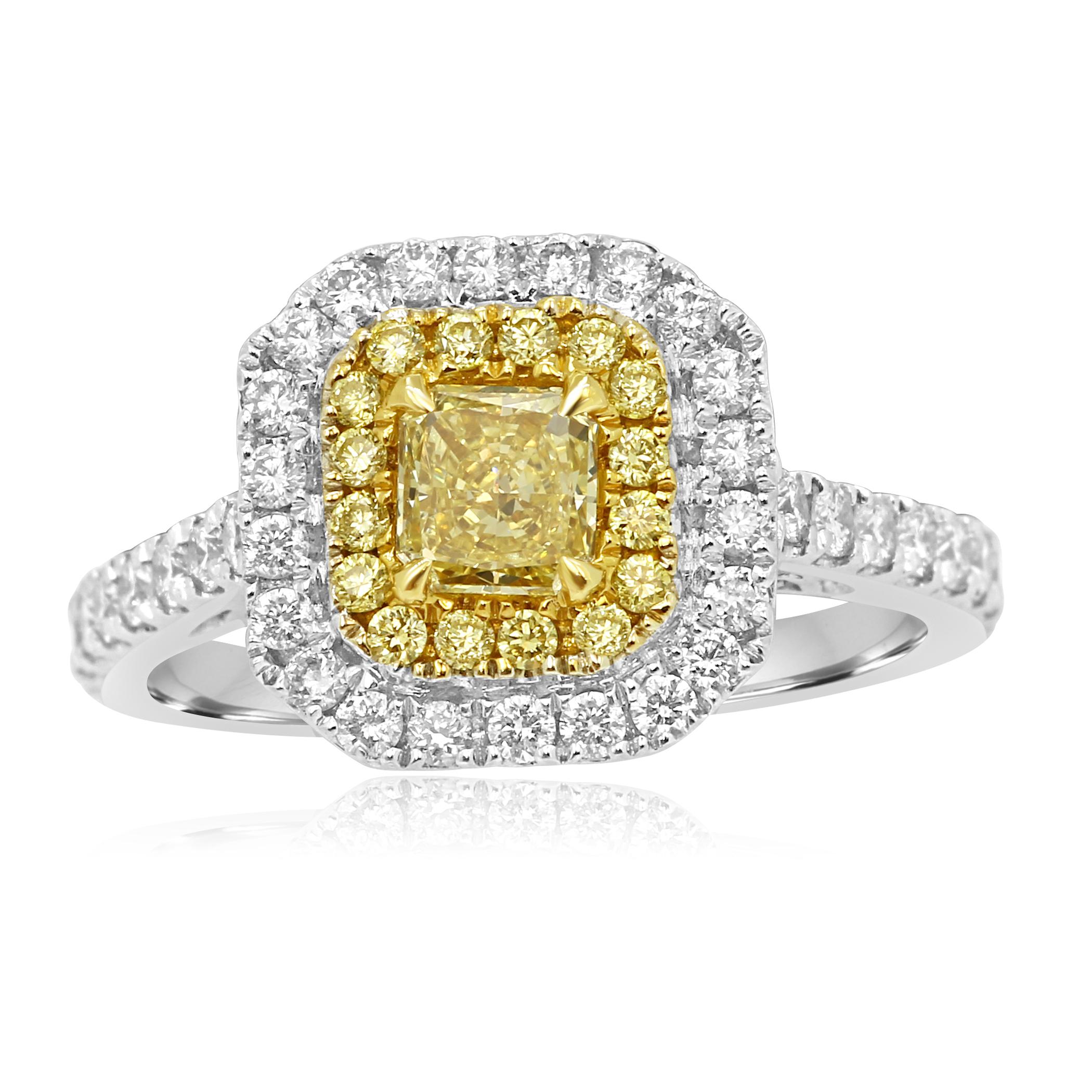 Gorgeous Natural Fancy Yellow Diamond Radiant Cut VS-SI Clarity 0.43 Carat Encircled in a Double Halo of Natural Fancy Yellow Round Brilliant Diamonds VS-SI Clarity 0.16 Carat and White Colorless Round Brilliant Diamonds VS-SI Clarity 0.63 Carat in