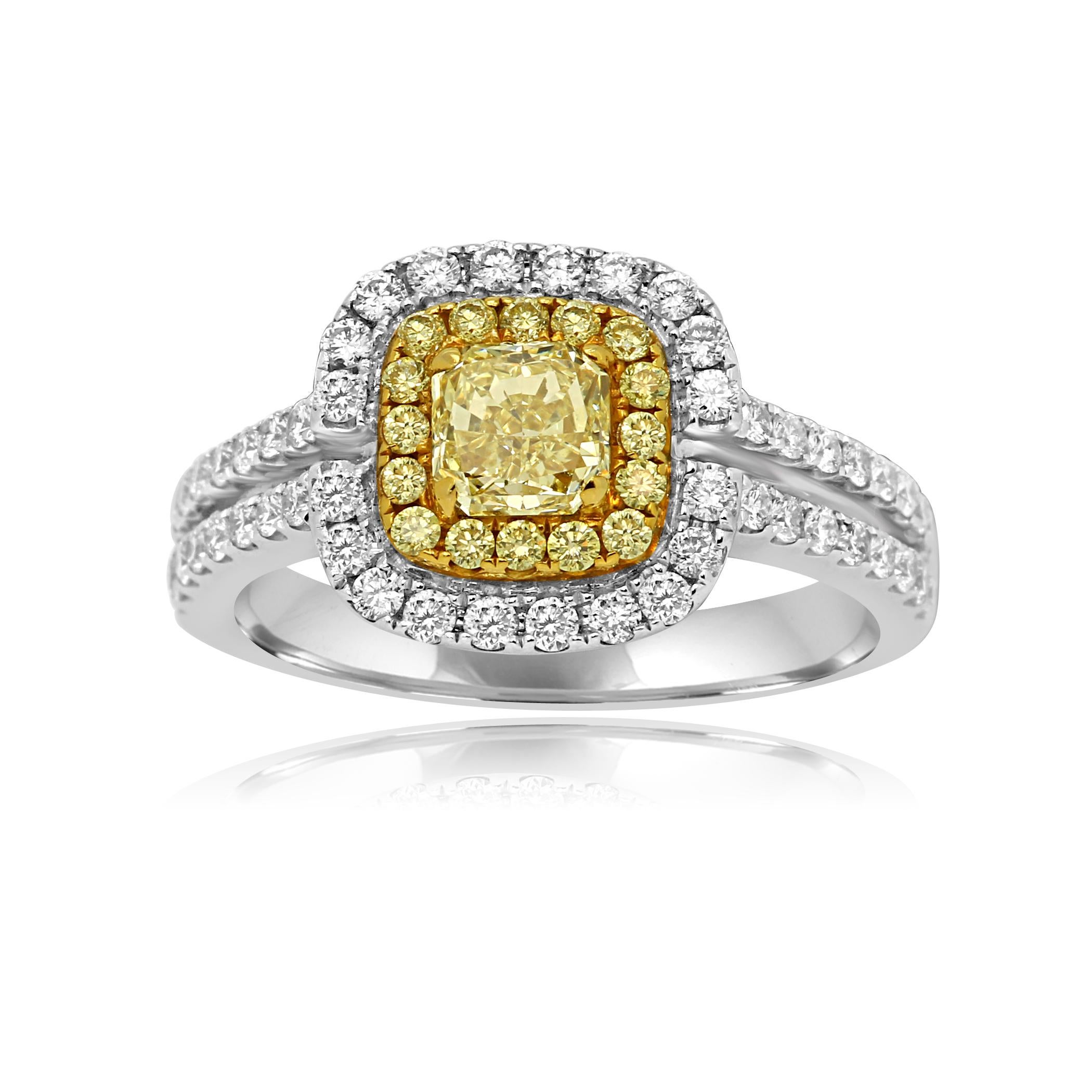 Gorgeous Natural Fancy Yellow Diamond Square Radiant Cut VS-SI Clarity 0.73 Carat Encircled in a Double Halo of Natural Fancy Yellow Round Brilliant Diamonds VS-SI Clarity 0.17 Carat and White Colorless Round Brilliant Diamonds VS-SI Clarity 0.58