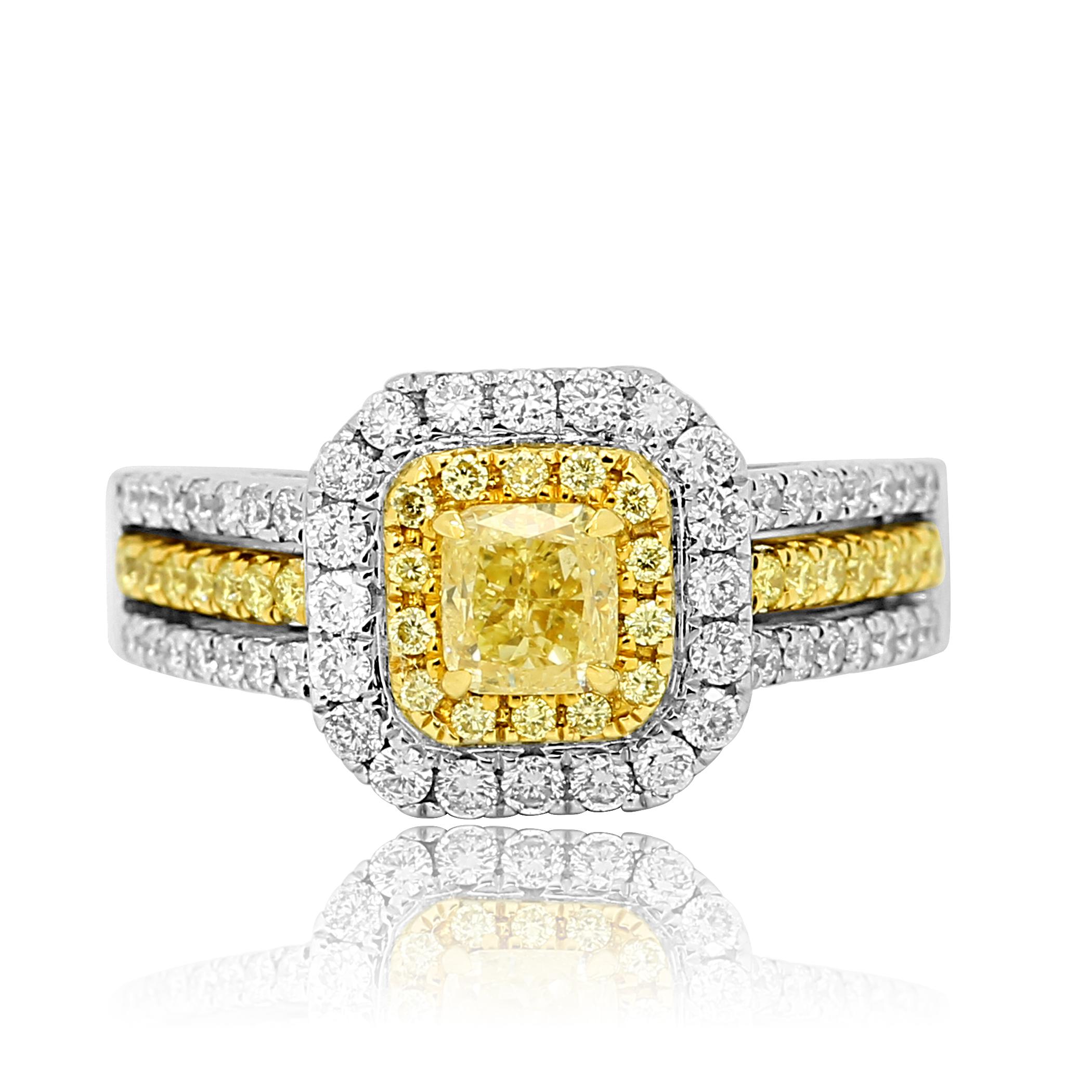 Natural Fancy Yellow Cushion 0.58 Carat Encircled i a Double Halo of Natural Fancy Yellow Round Diamonds 0.44 Carat and White Round Diamonds 0.58 Carat in 18K White and Yellow Gold RIng with Three Row Shank.

Style available in different price