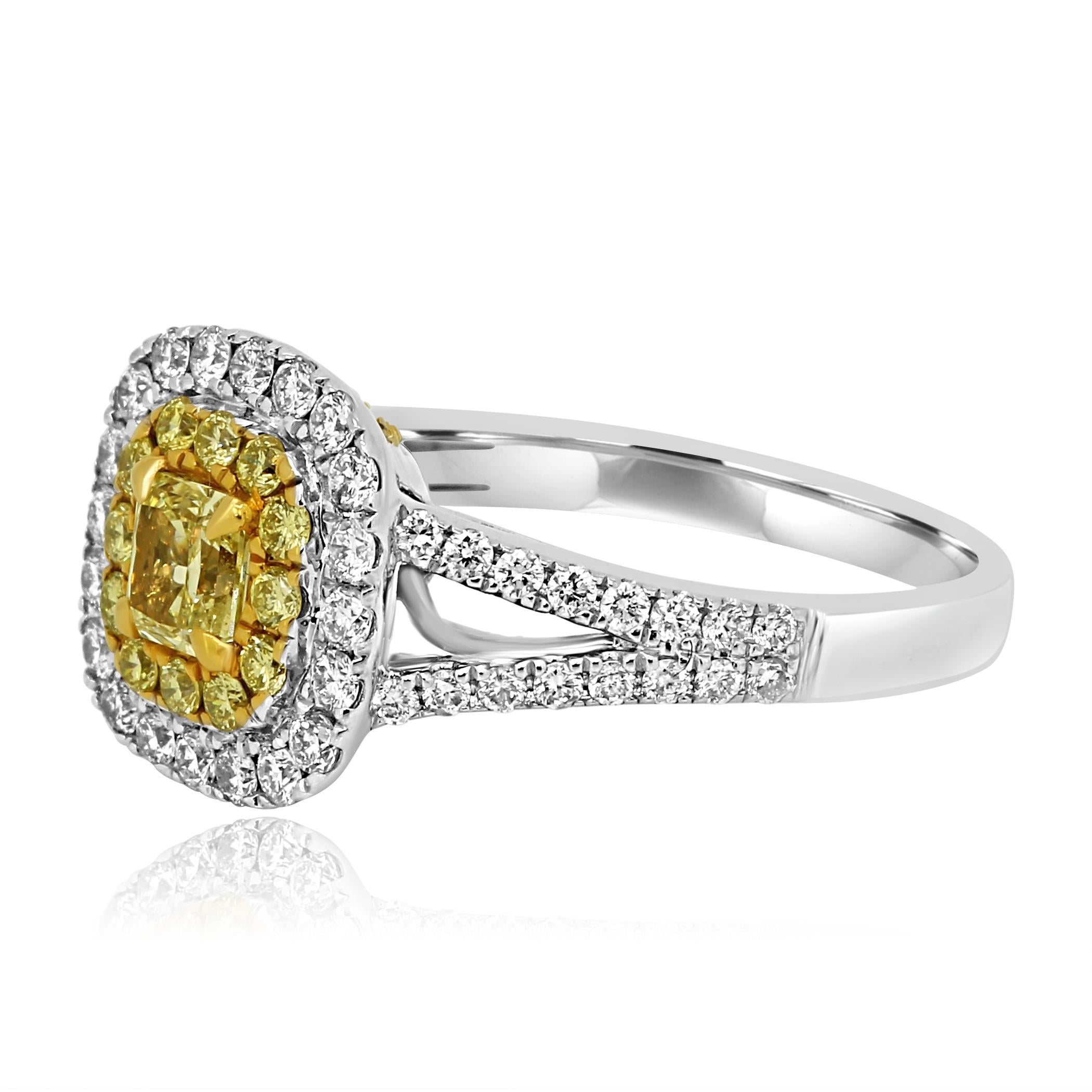 Modern Natural Fancy Yellow Diamond Double Halo Two Color Gold Bridal Cocktail Ring