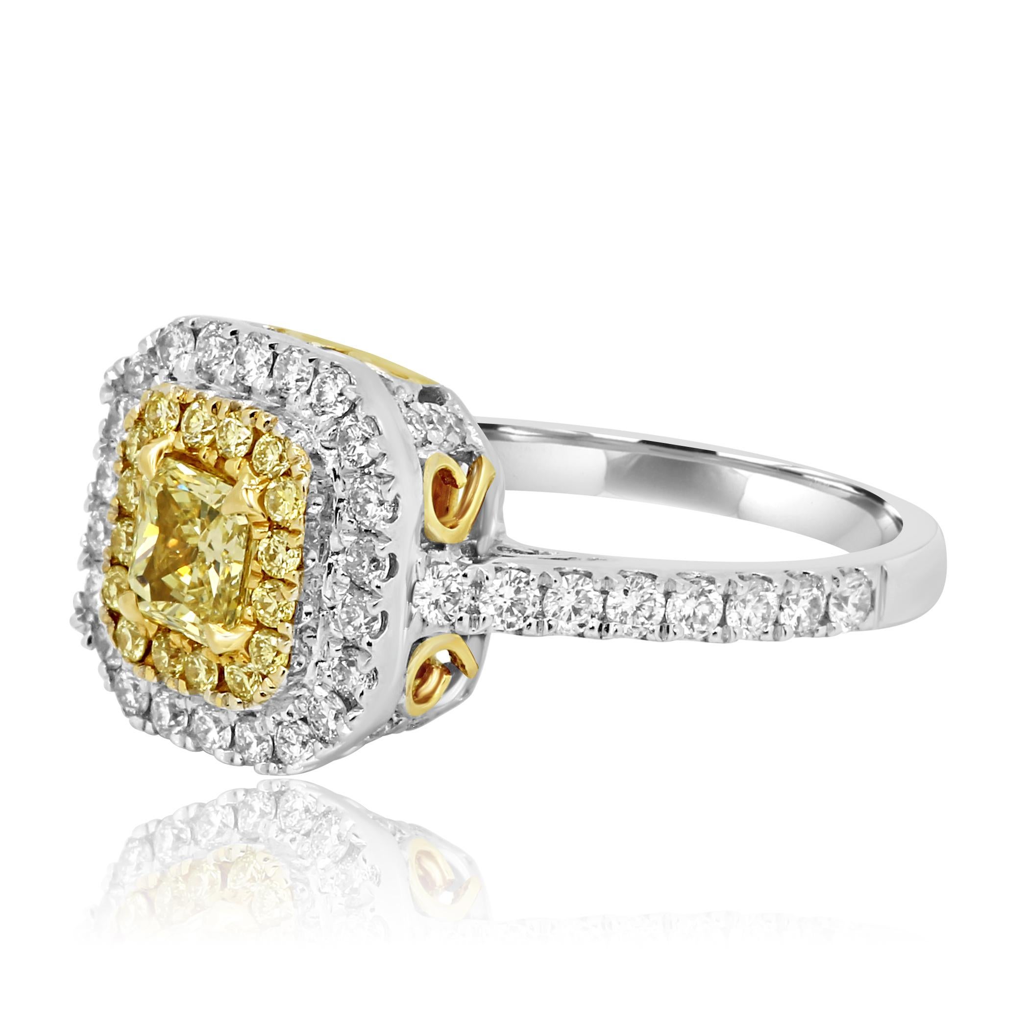 Modern Natural Fancy Yellow Diamond Double Halo Two-Color Gold Bridal Cocktail Ring
