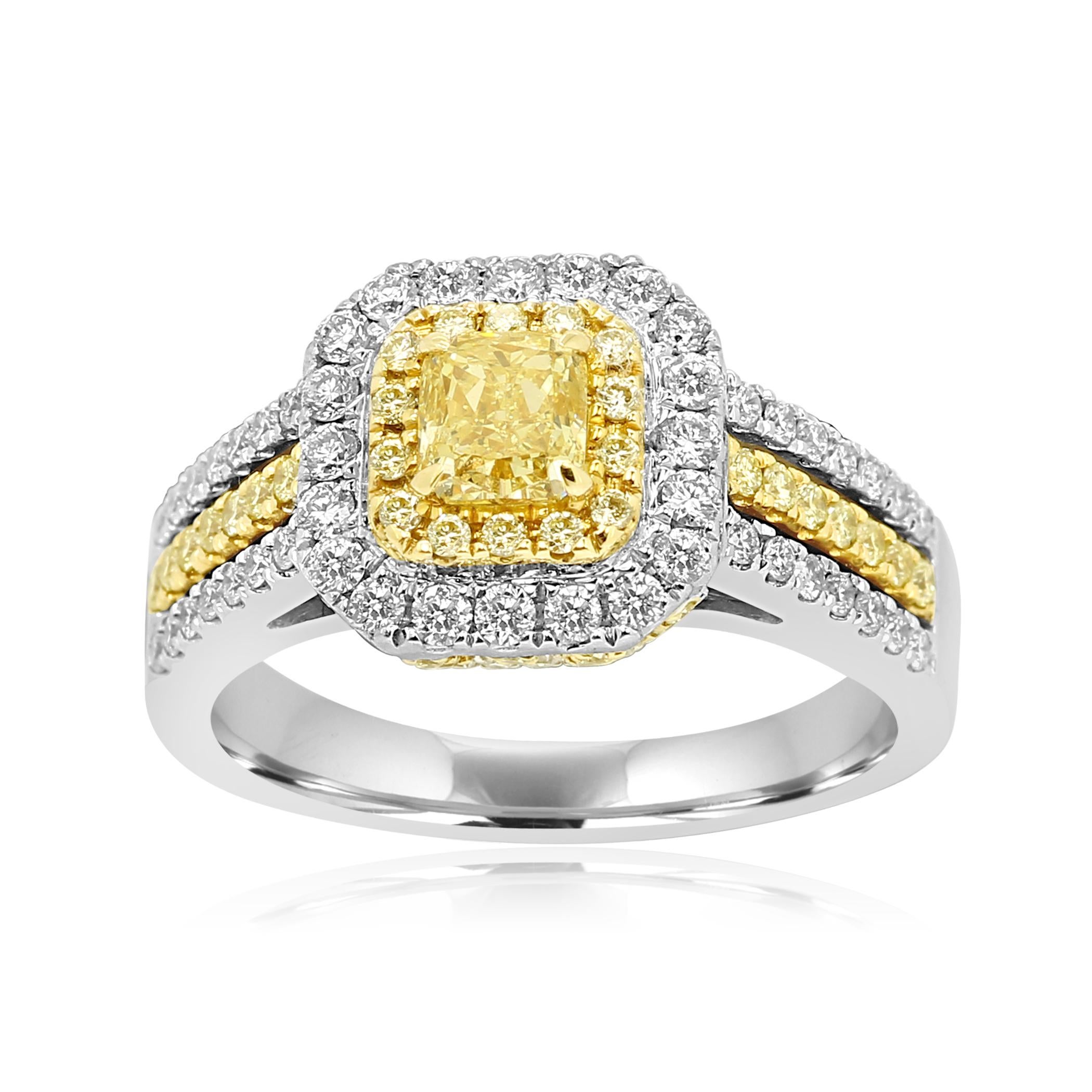 Modern Natural Fancy Yellow Diamond Double Halo Two-Color Gold Bridal Cocktail Ring