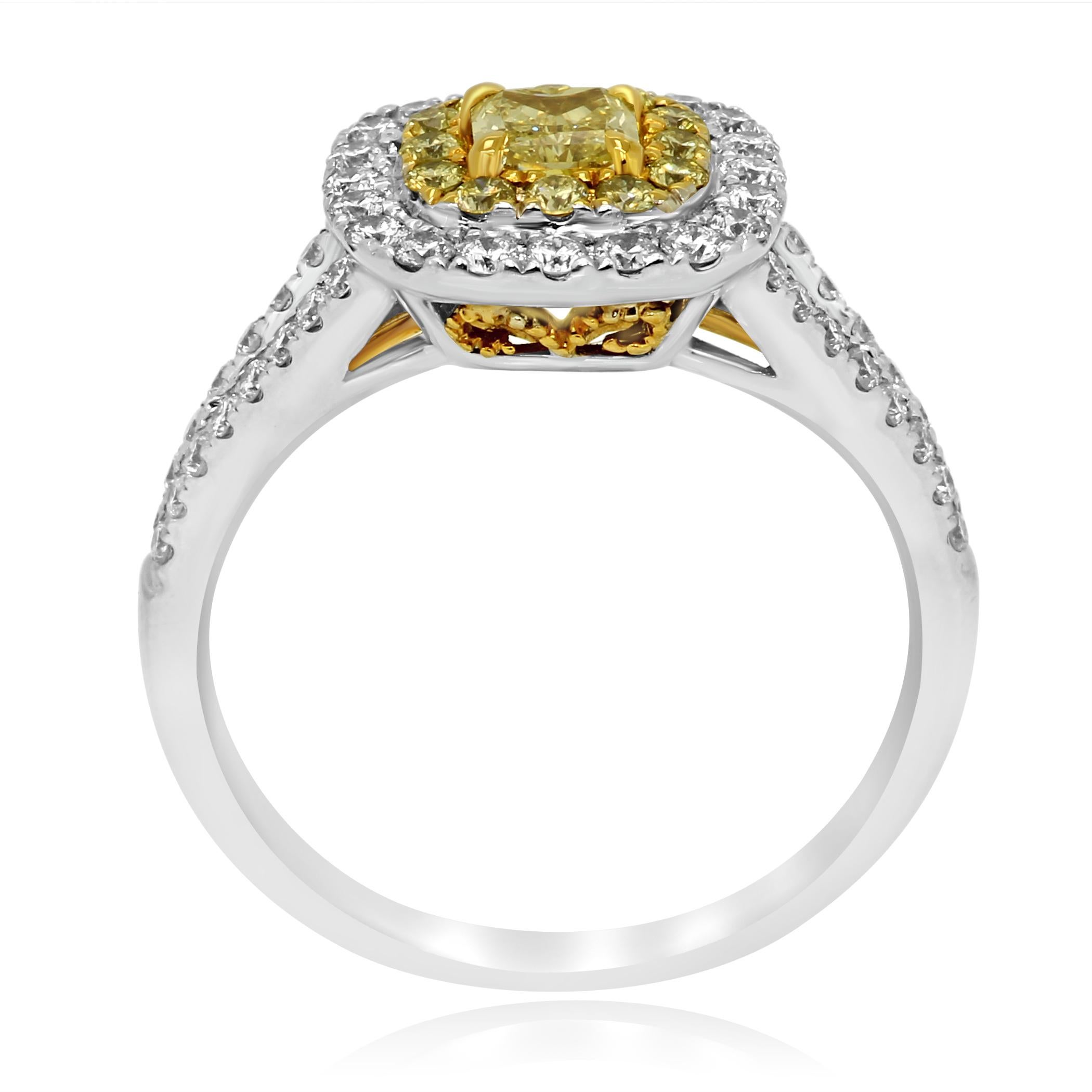 Radiant Cut Natural Fancy Yellow Diamond Double Halo Two Color Gold Bridal Cocktail Ring
