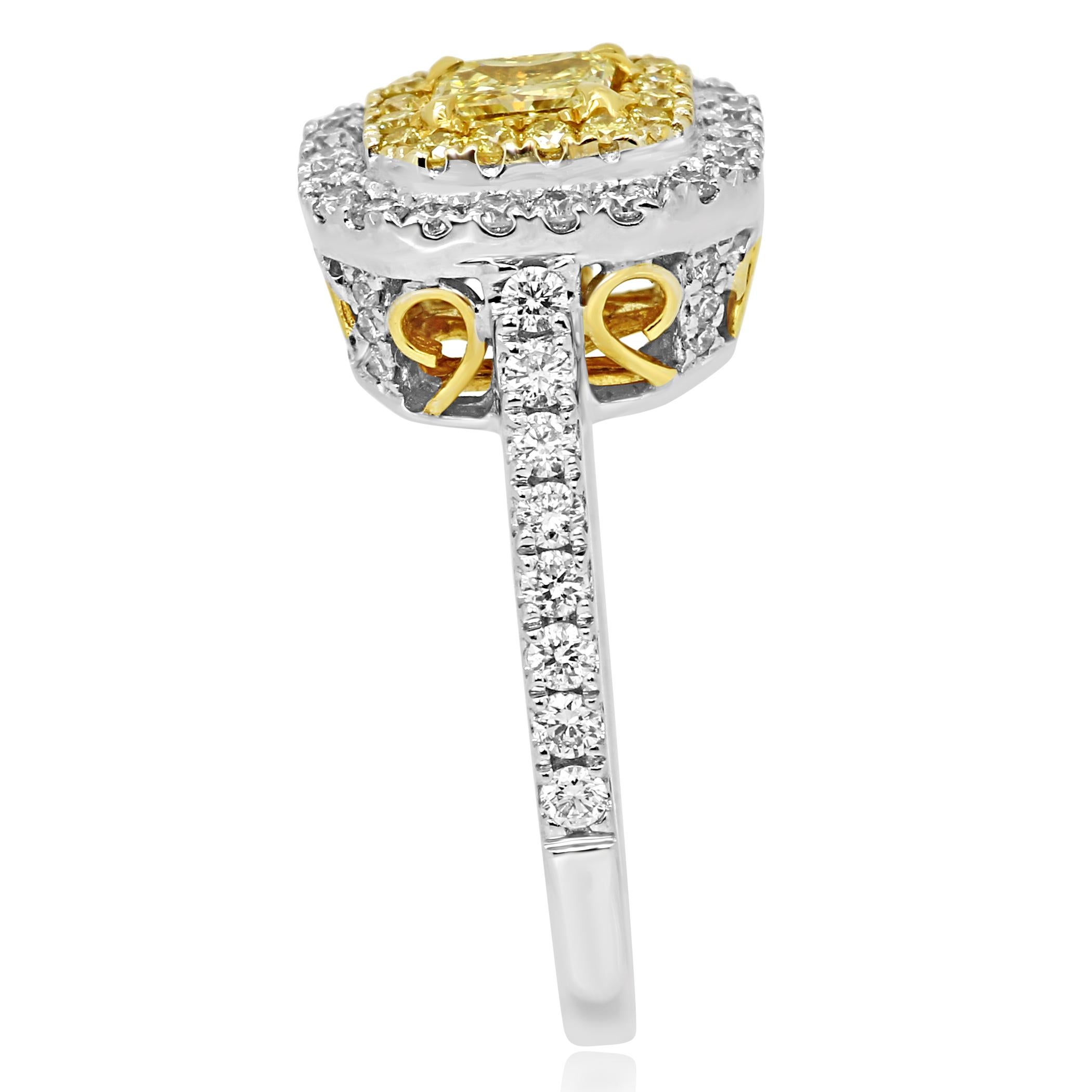 Radiant Cut Natural Fancy Yellow Diamond Double Halo Two-Color Gold Bridal Cocktail Ring