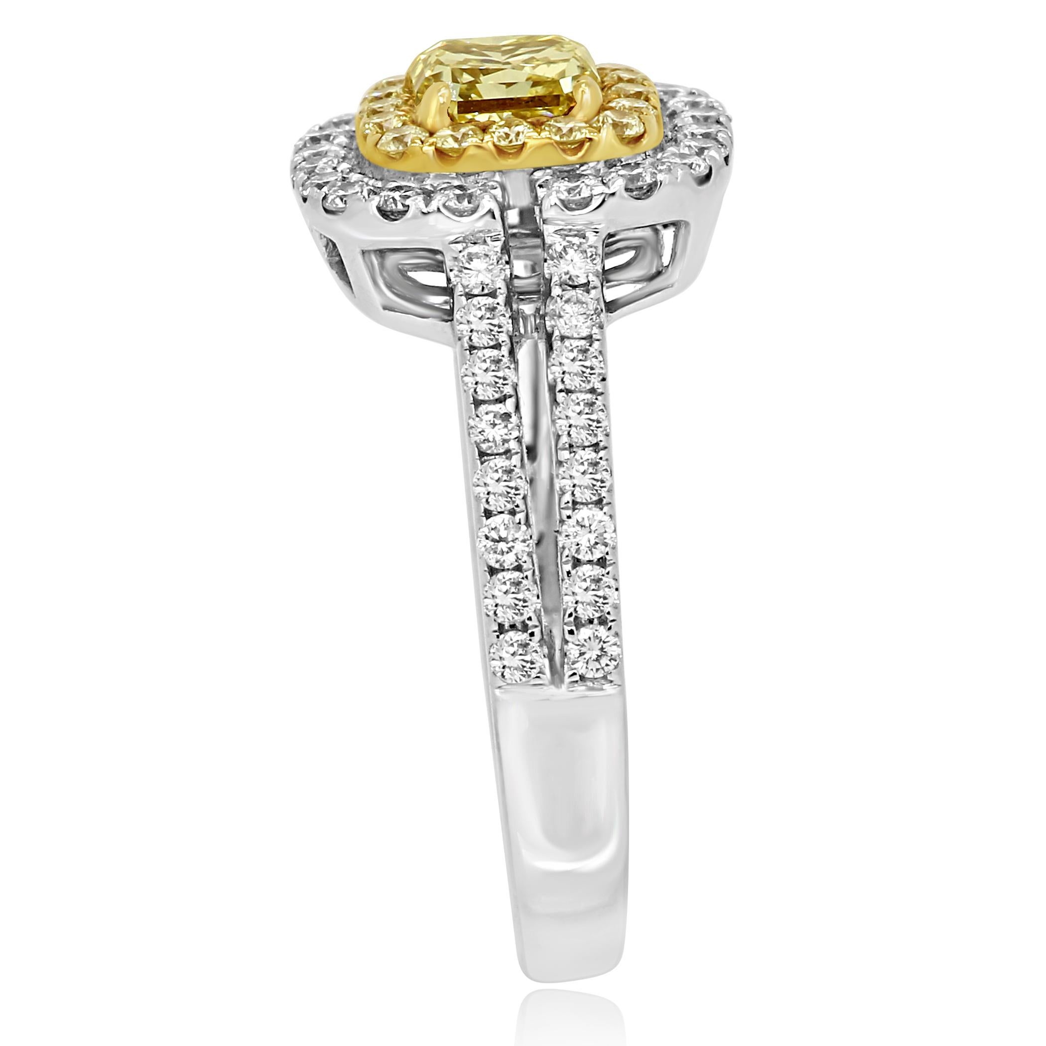 Radiant Cut Natural Fancy Yellow Diamond Double Halo Two-Color Gold Bridal Cocktail Ring