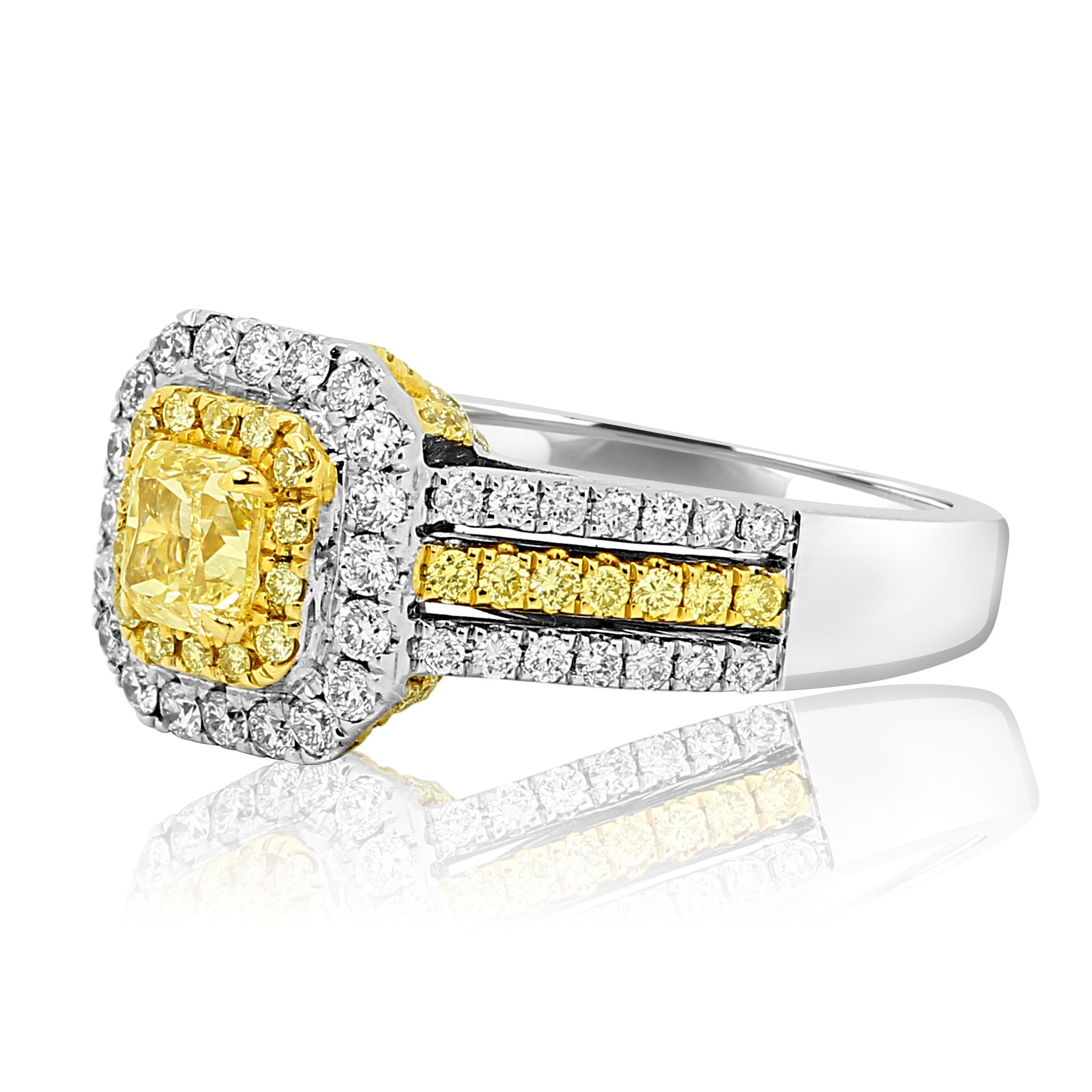 Cushion Cut Natural Fancy Yellow Diamond Double Halo Two-Color Gold Bridal Cocktail Ring