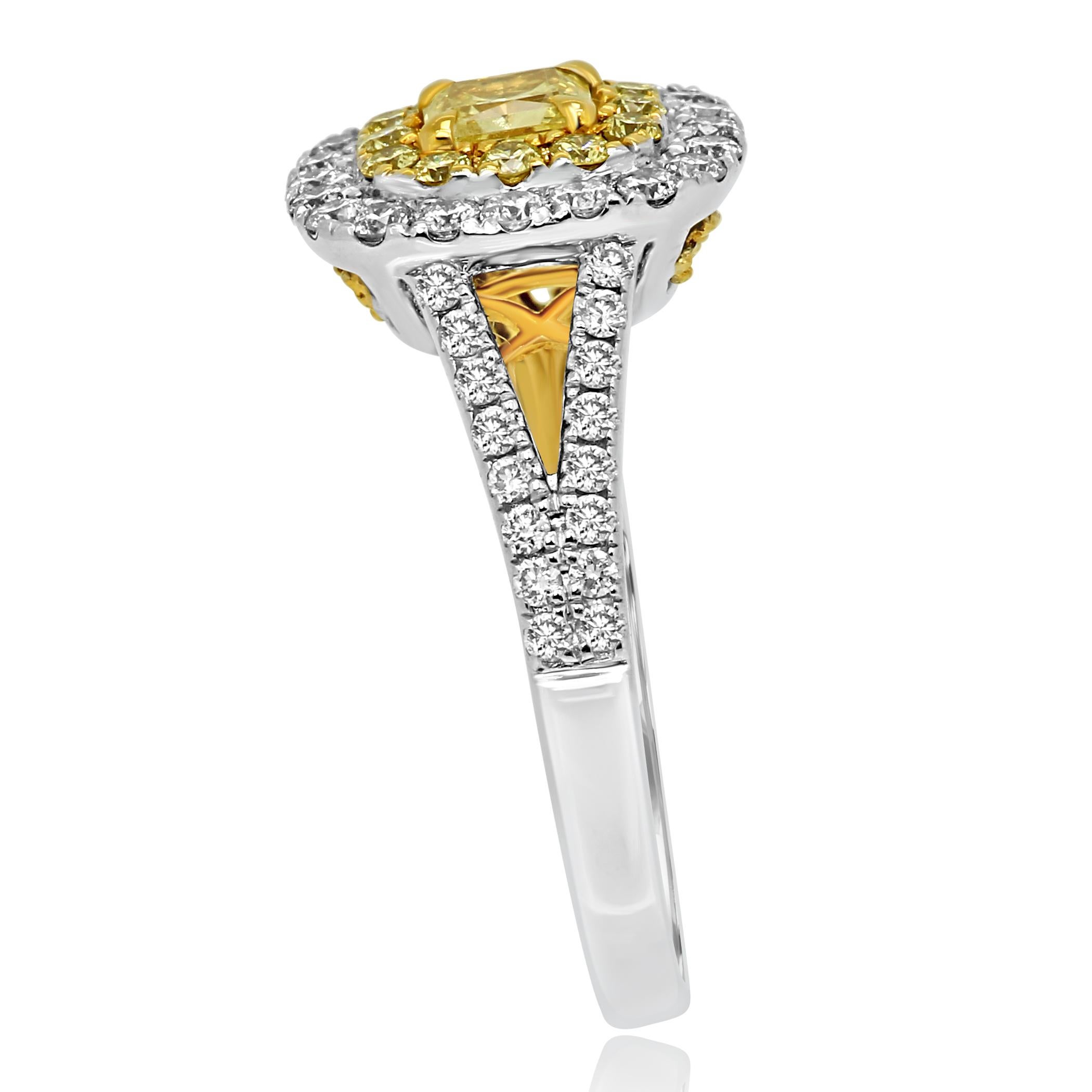 Natural Fancy Yellow Diamond Double Halo Two Color Gold Bridal Cocktail Ring In New Condition In NEW YORK, NY