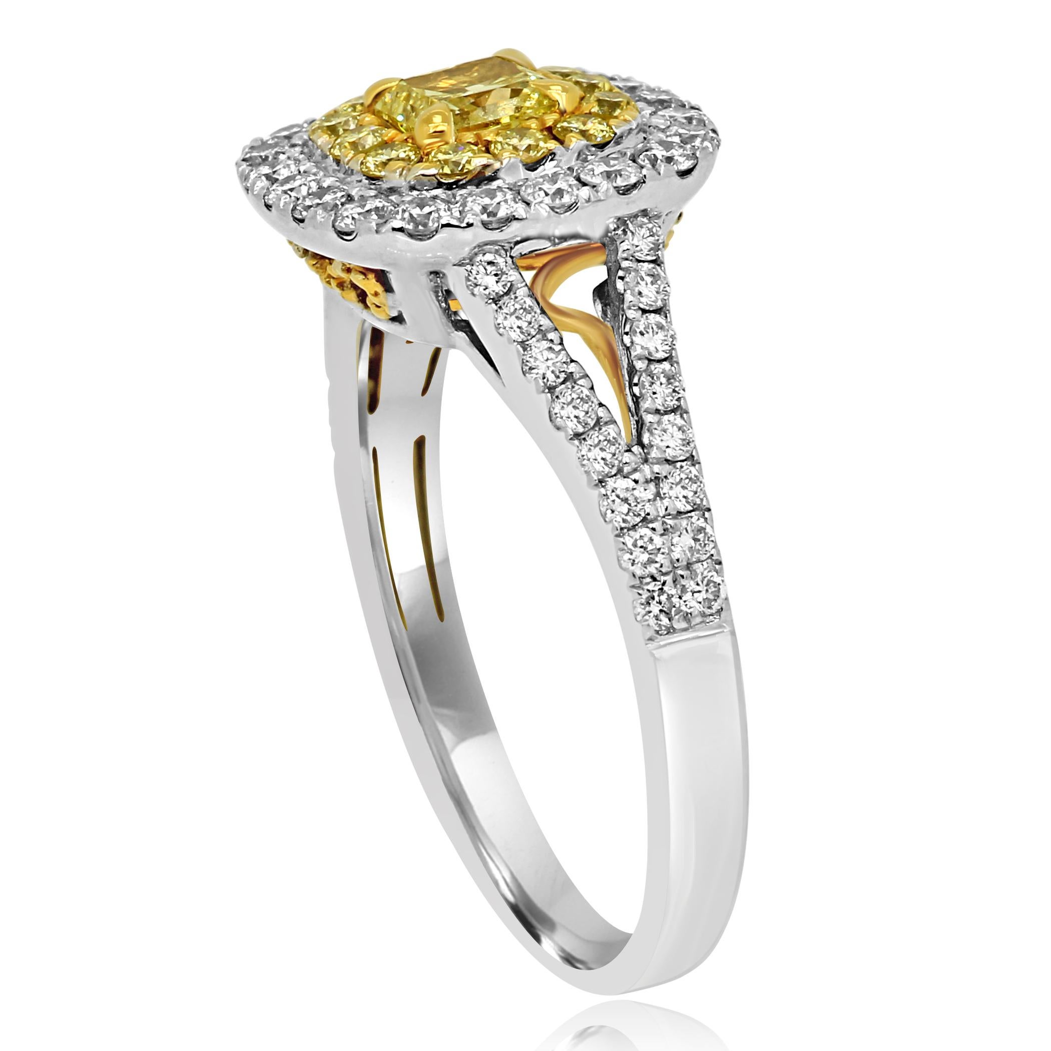 Women's or Men's Natural Fancy Yellow Diamond Double Halo Two Color Gold Bridal Cocktail Ring