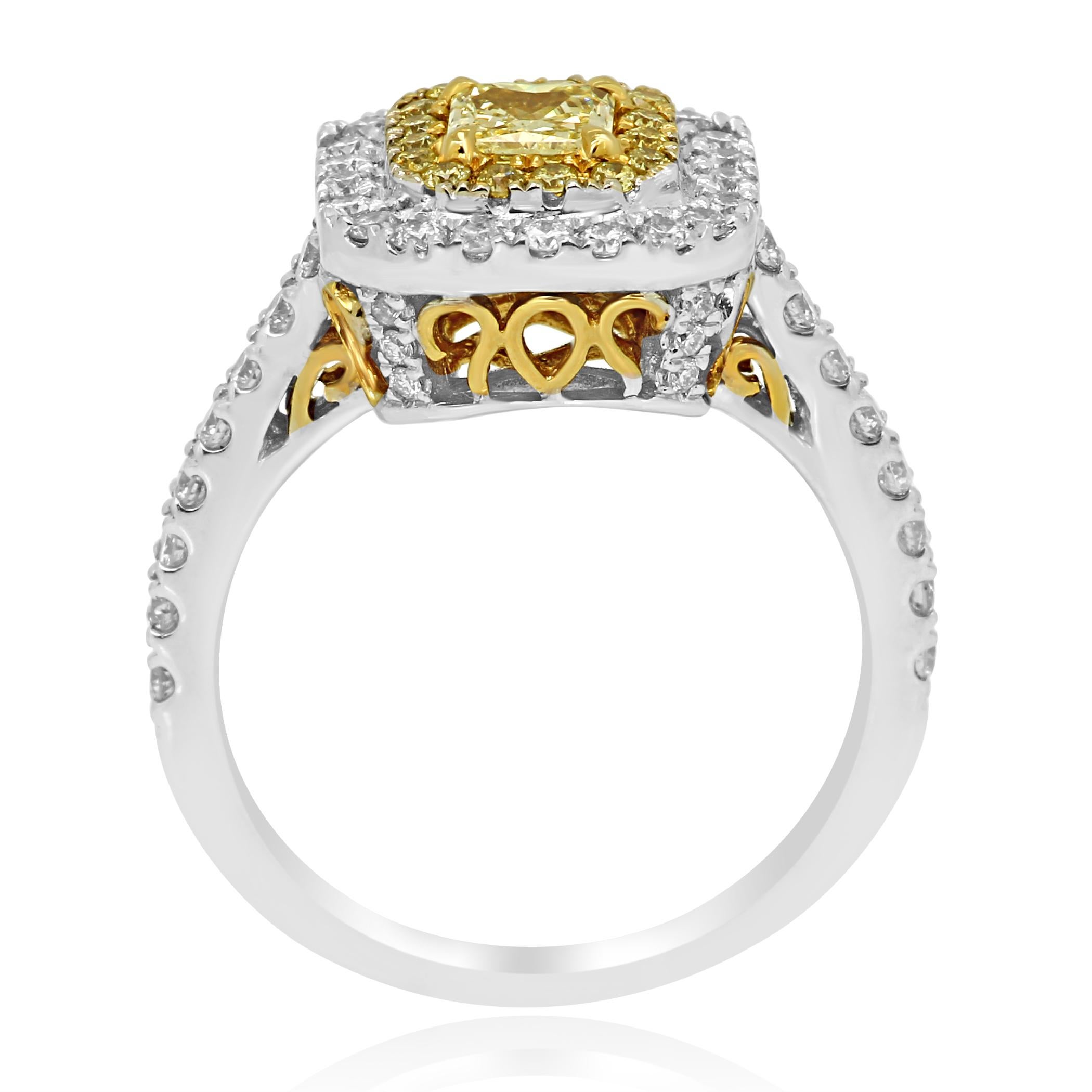 Women's or Men's Natural Fancy Yellow Diamond Double Halo Two-Color Gold Bridal Cocktail Ring