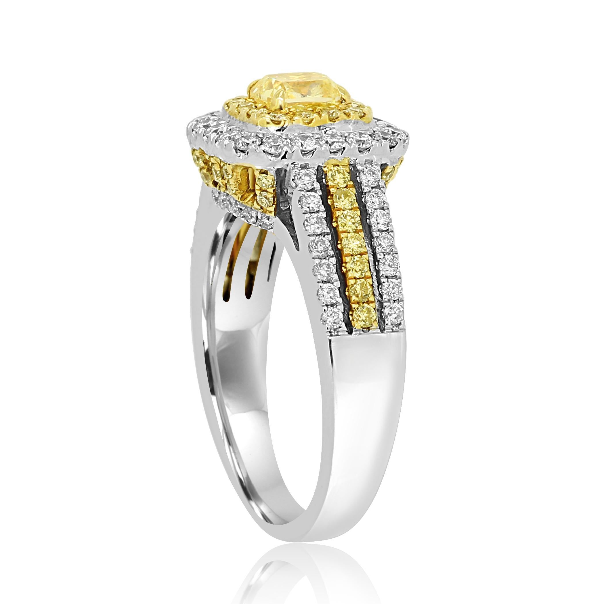 Women's Natural Fancy Yellow Diamond Double Halo Two-Color Gold Bridal Cocktail Ring