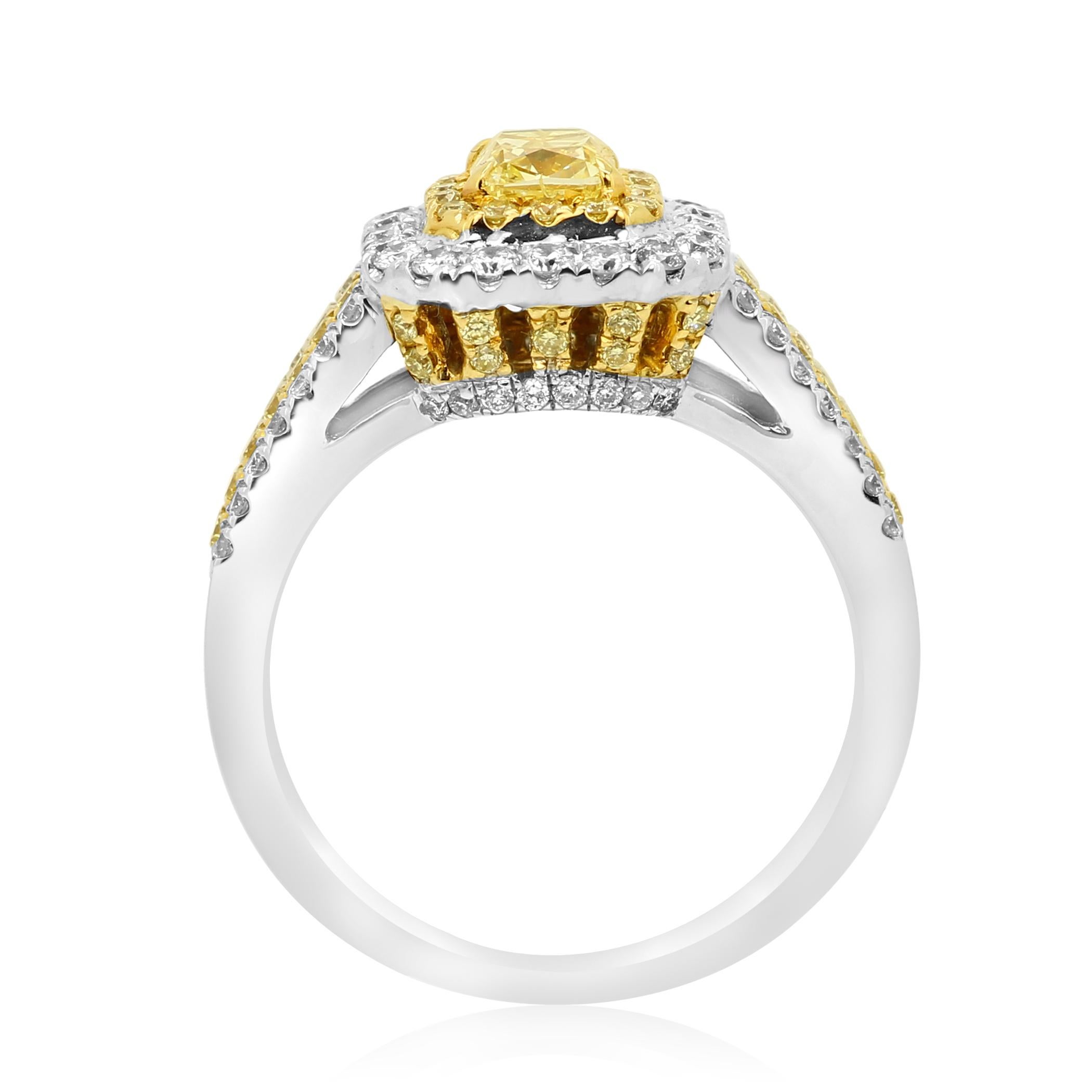 Natural Fancy Yellow Diamond Double Halo Two-Color Gold Bridal Cocktail Ring 2