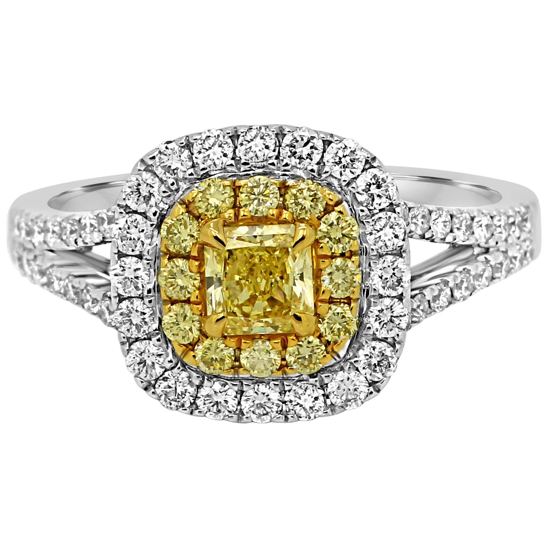 Natural Fancy Yellow Diamond Double Halo Two Color Gold Bridal Cocktail Ring