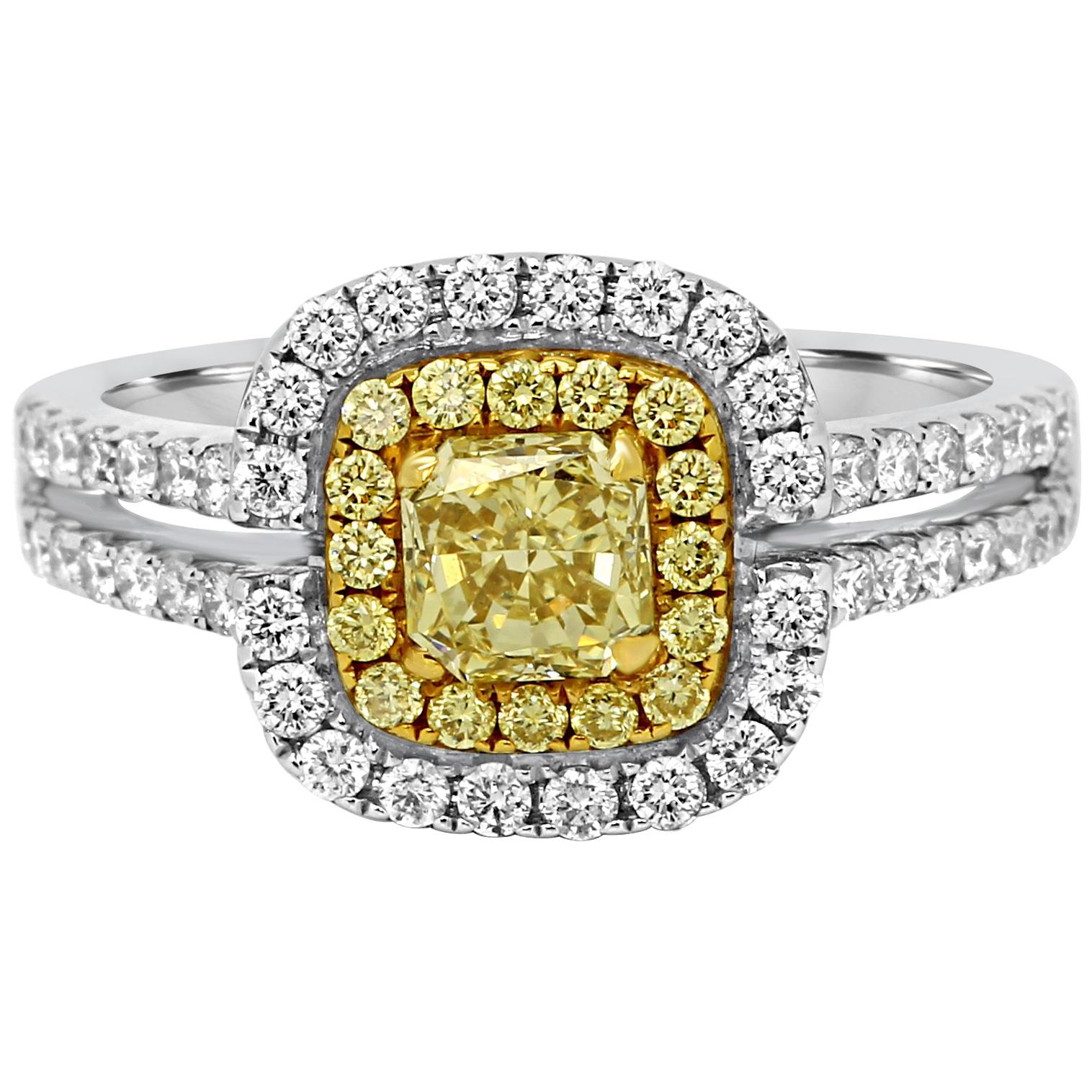 Natural Fancy Yellow Diamond Double Halo Two-Color Gold Bridal Cocktail Ring