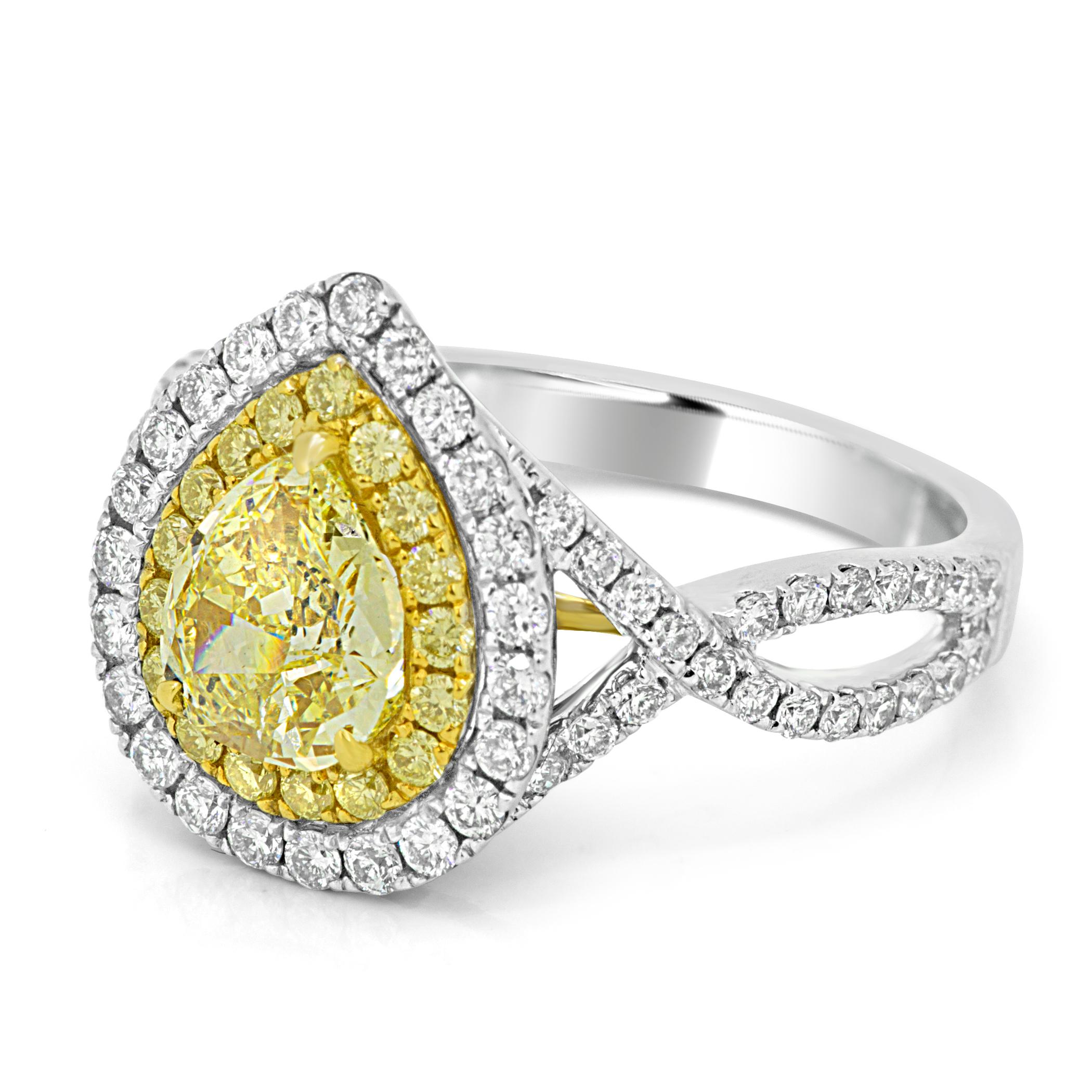 EGL USA Certified Natural Fancy yellow Diamond Pear 1.05 Carat Encircled in Double Halo of Natural Fancy Yellow Round Diamonds 0.22 Carat and White Round Diamonds 0.75 Carat in Stunning and Classic 18K White and Yellow Gold Bridal Or Fashion