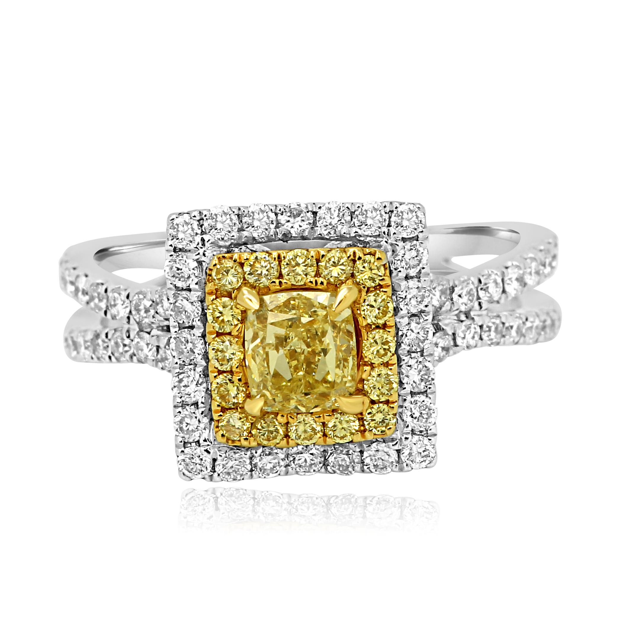 Natural Fancy Yellow Cushion 0.64 Carat in double Halo of natural fancy yellow round 0.19 Carat and white diamond round 1.00 Carat. In split prong 18K White and Yellow Gold ring.

Style available in different price ranges. Prices are based on your
