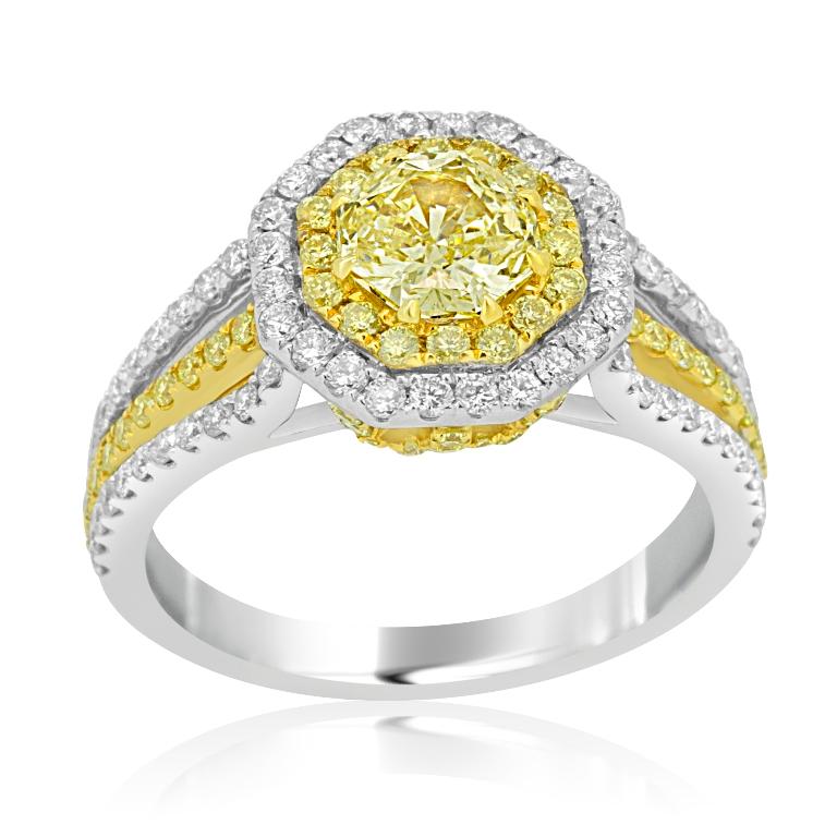 Natural Fancy Yellow Diamond Double Halo Two-Color Gold Bridal Fashion Ring (Zeitgenössisch)