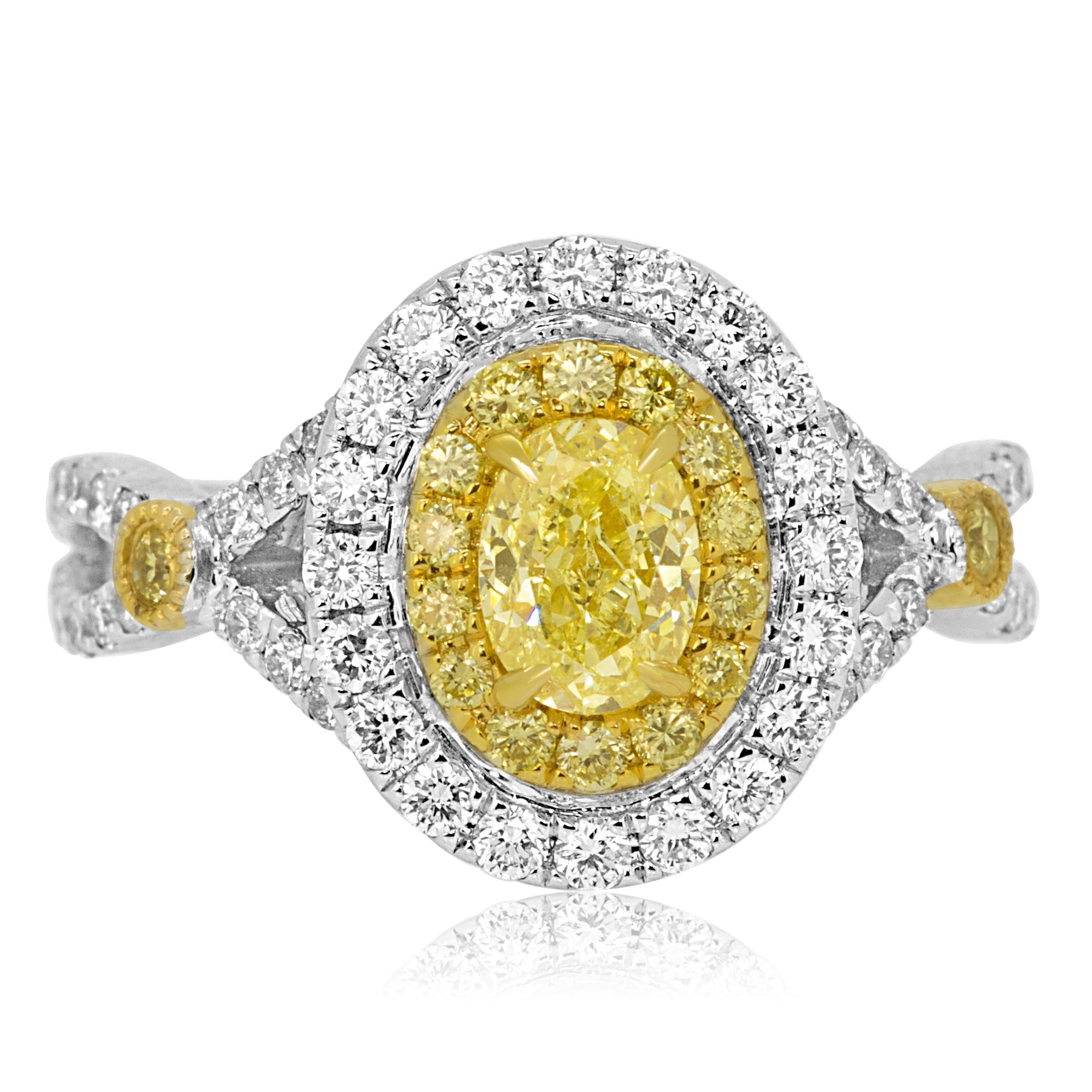 Modern Natural Fancy Yellow Diamond Double Halo Two-Color Gold Bridal Fashion Ring
