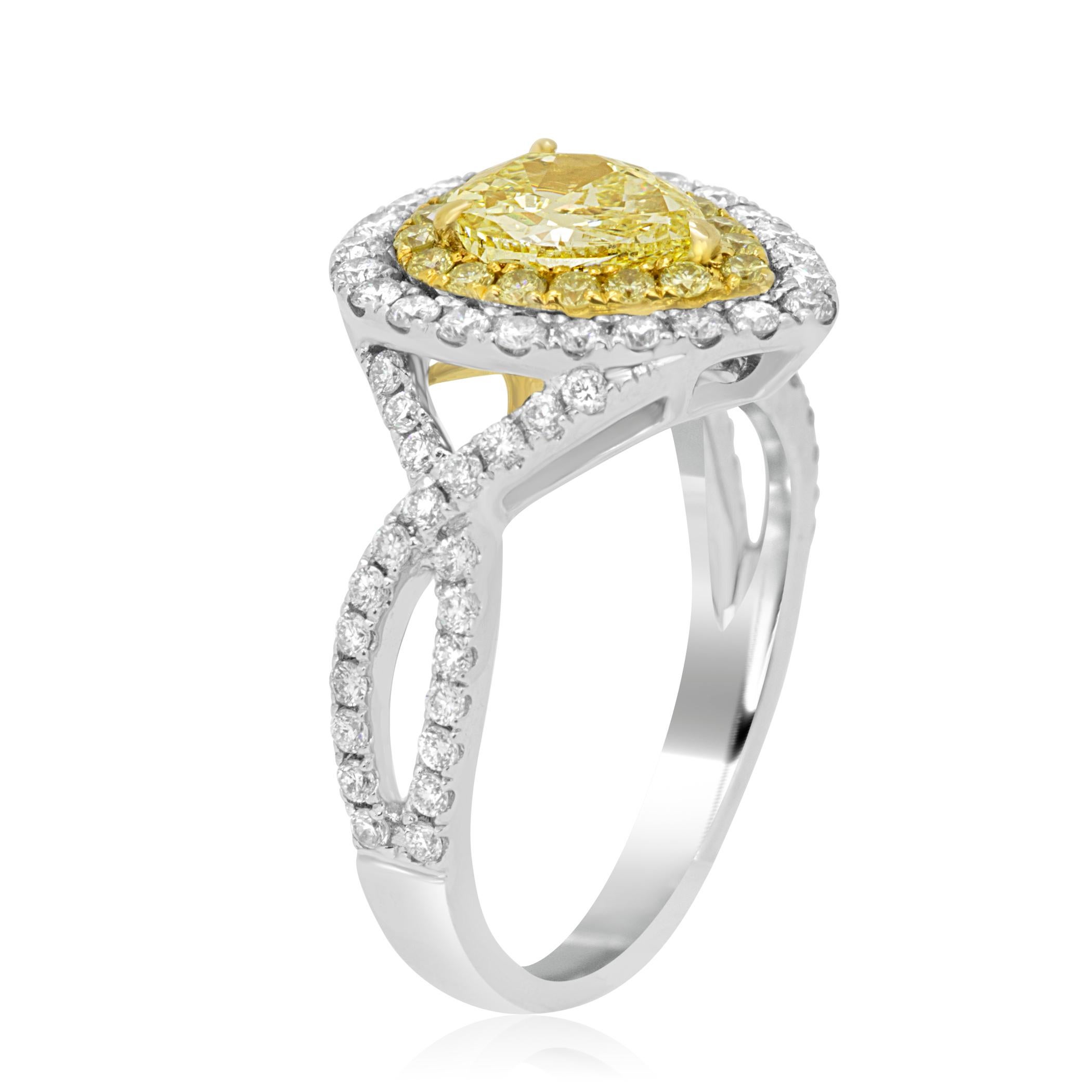 Modern Natural Fancy Yellow Diamond Double Halo Two-Color Gold Bridal Fashion Ring