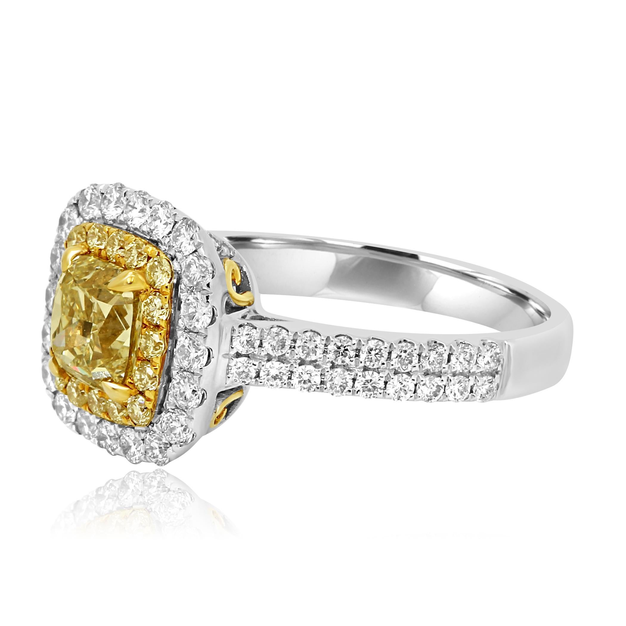Contemporary Natural Fancy Yellow Diamond Double Halo Two-Color Gold Bridal Fashion Ring