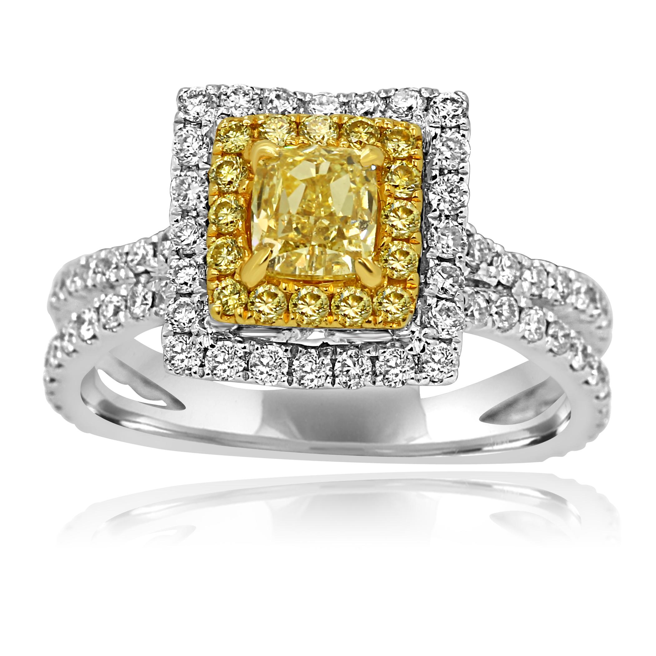 Contemporary Natural Fancy Yellow Diamond Double Halo Two-Color Gold Bridal Fashion Ring