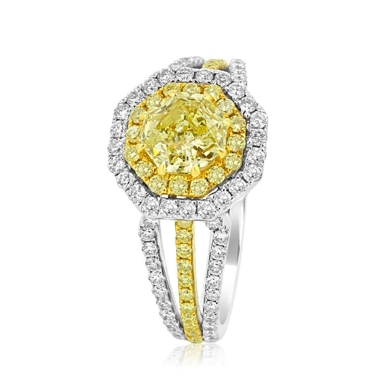 Radiant Cut Natural Fancy Yellow Diamond Double Halo Two-Color Gold Bridal Fashion Ring