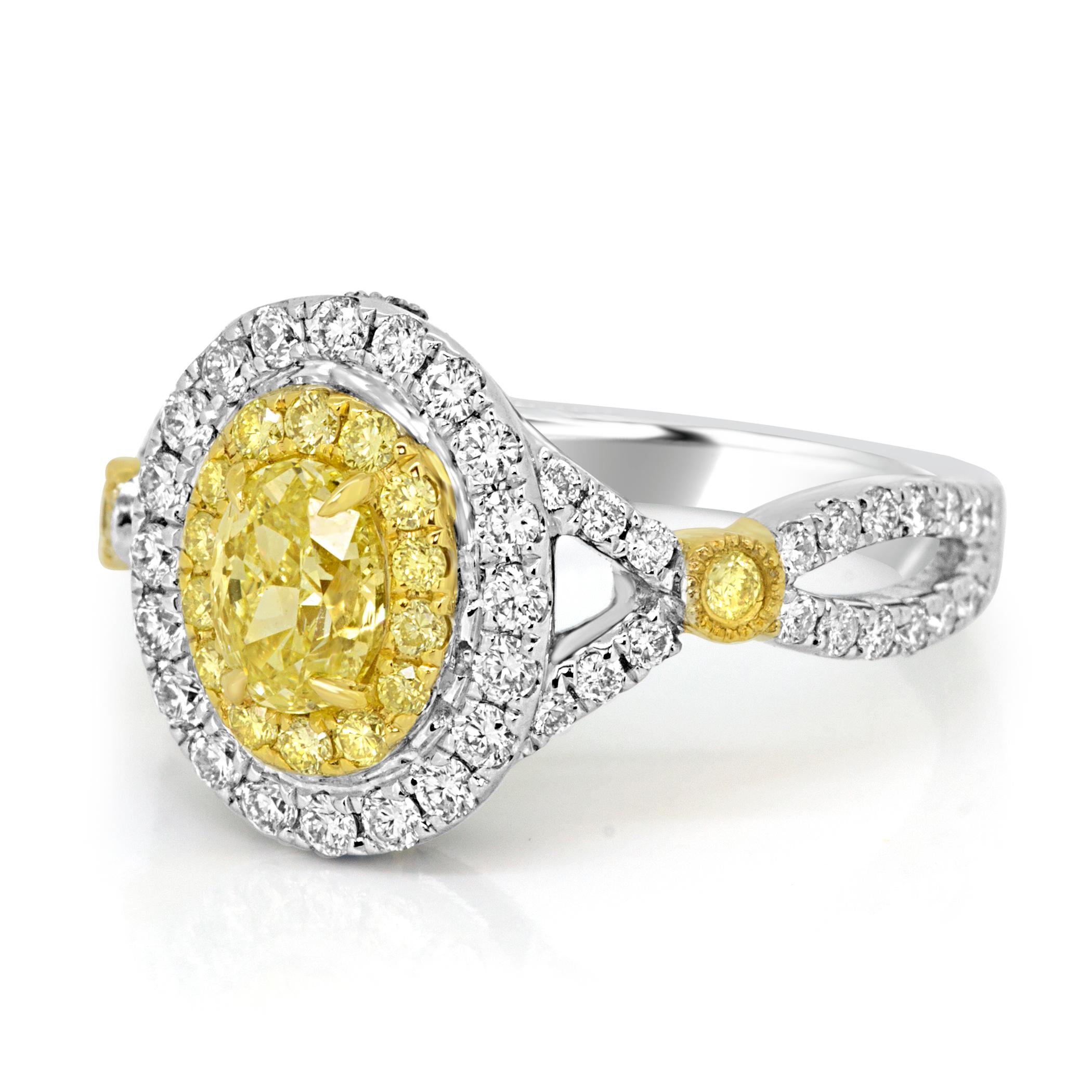 Oval Cut Natural Fancy Yellow Diamond Double Halo Two-Color Gold Bridal Fashion Ring