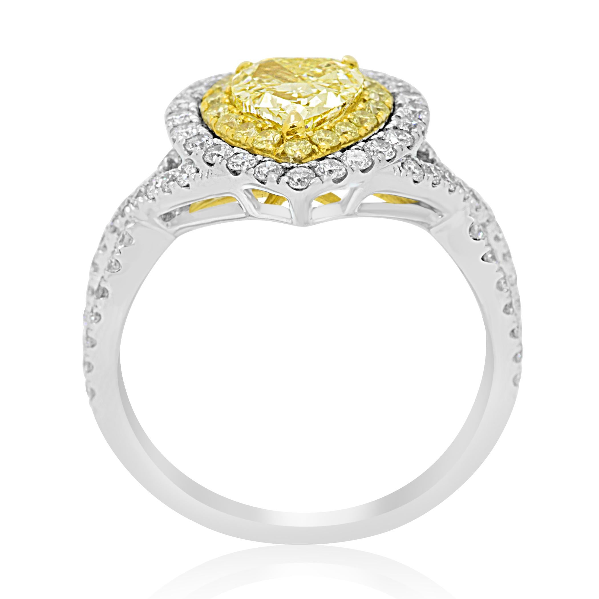 Pear Cut Natural Fancy Yellow Diamond Double Halo Two-Color Gold Bridal Fashion Ring