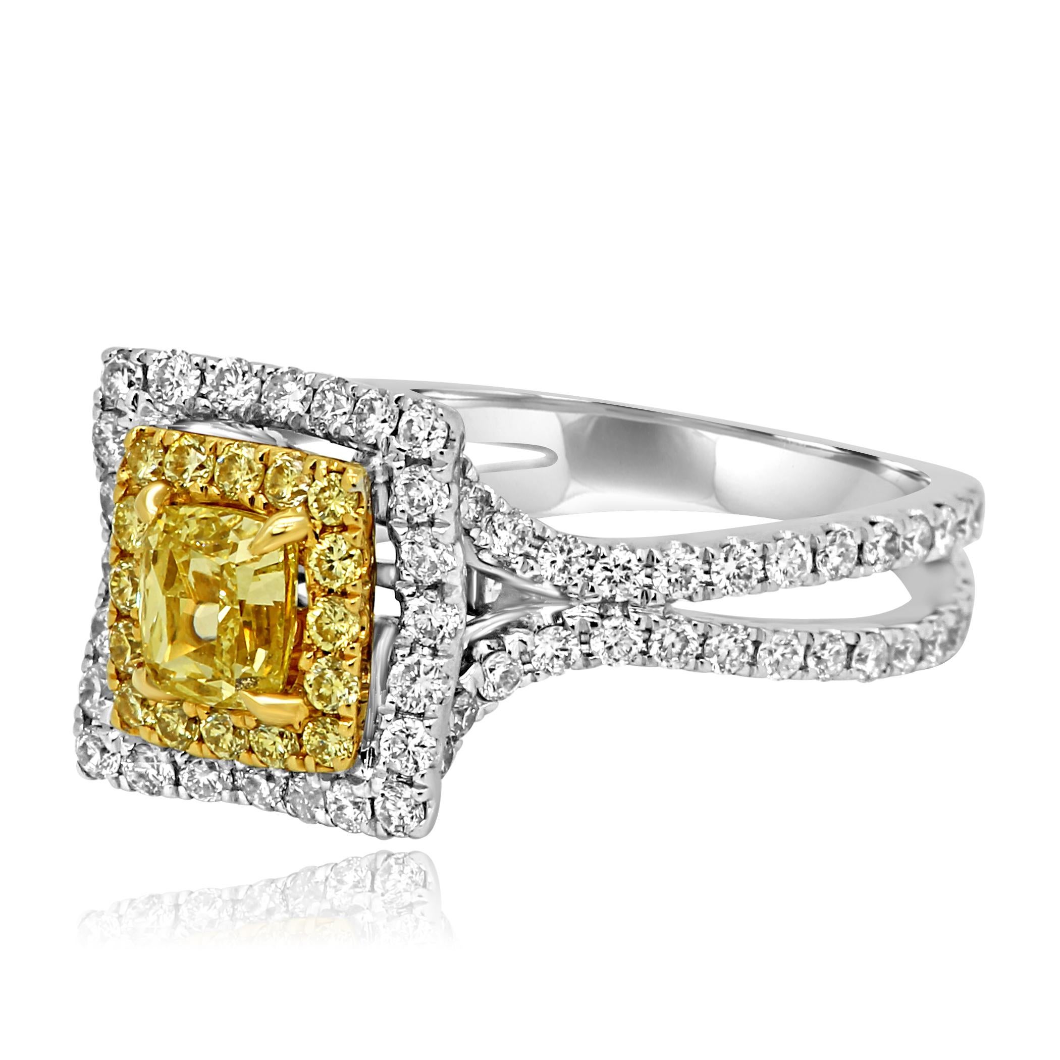 Natural Fancy Yellow Diamond Double Halo Two-Color Gold Bridal Fashion Ring In New Condition In NEW YORK, NY