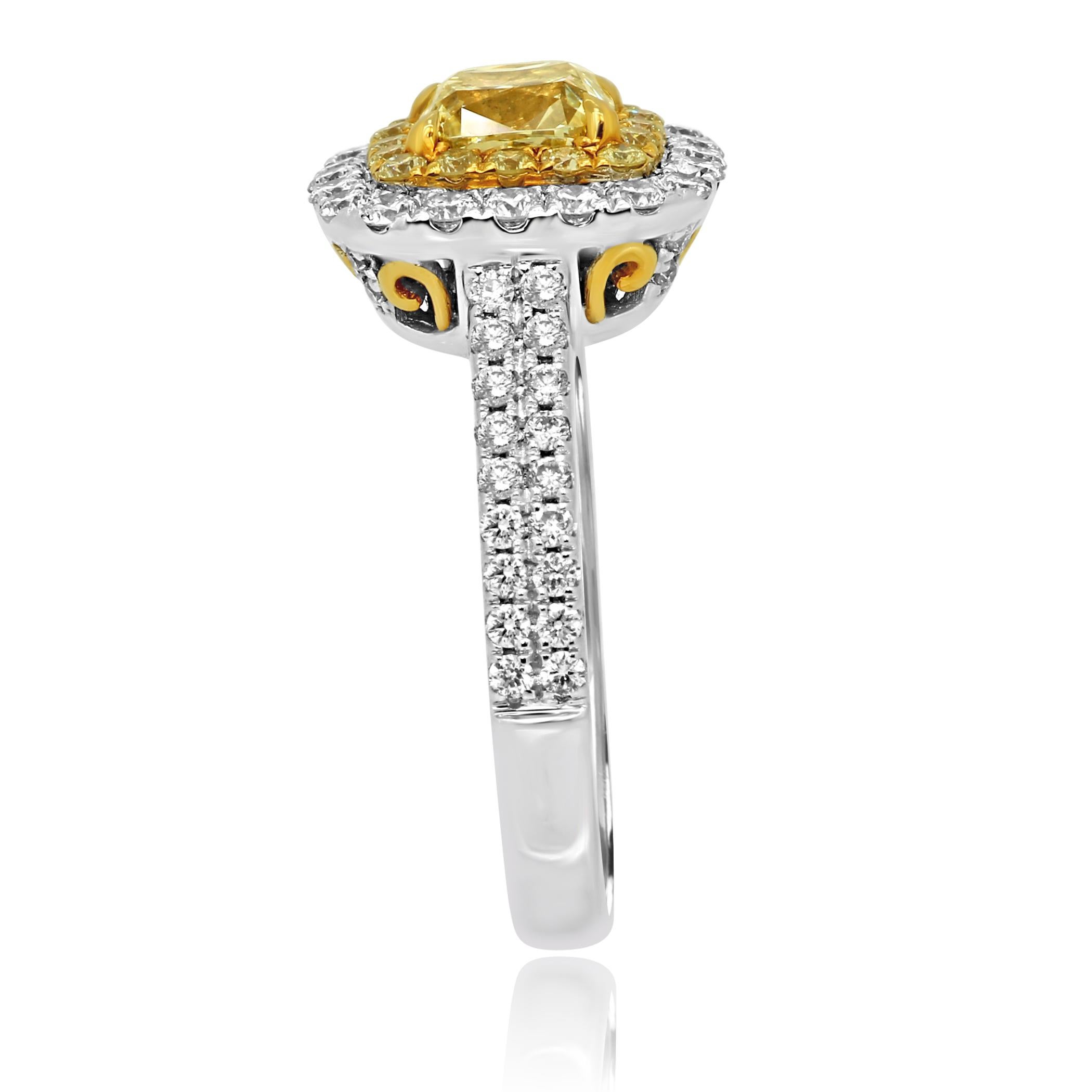 Natural Fancy Yellow Diamond Double Halo Two-Color Gold Bridal Fashion Ring In New Condition In NEW YORK, NY