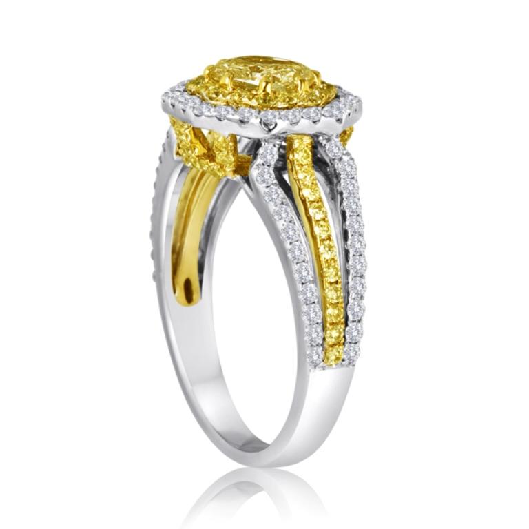 Natural Fancy Yellow Diamond Double Halo Two-Color Gold Bridal Fashion Ring Damen