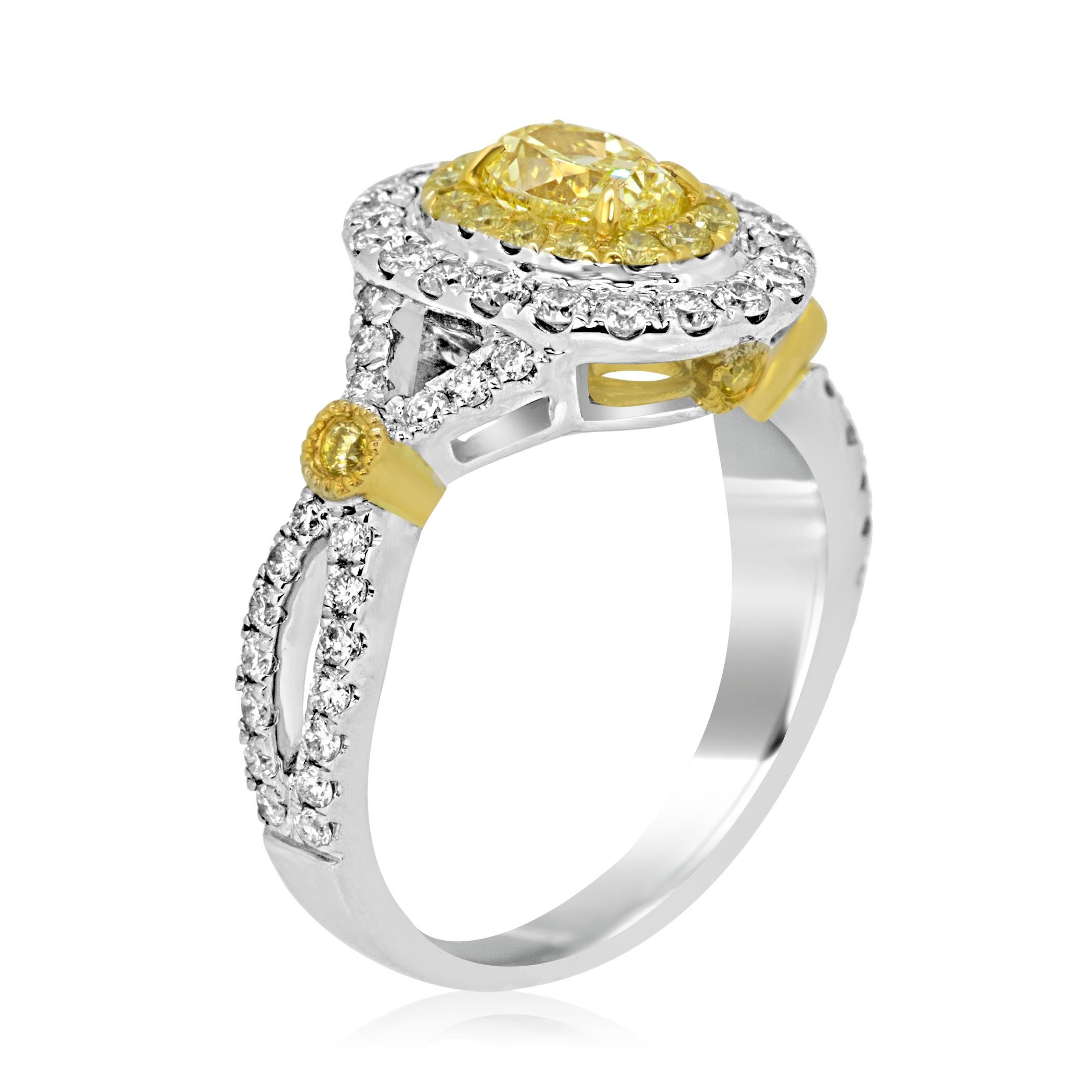 Women's or Men's Natural Fancy Yellow Diamond Double Halo Two-Color Gold Bridal Fashion Ring