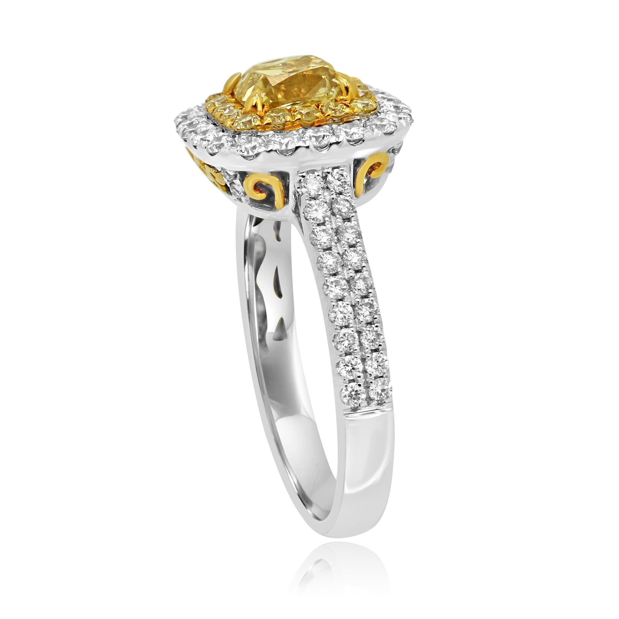 Women's Natural Fancy Yellow Diamond Double Halo Two-Color Gold Bridal Fashion Ring