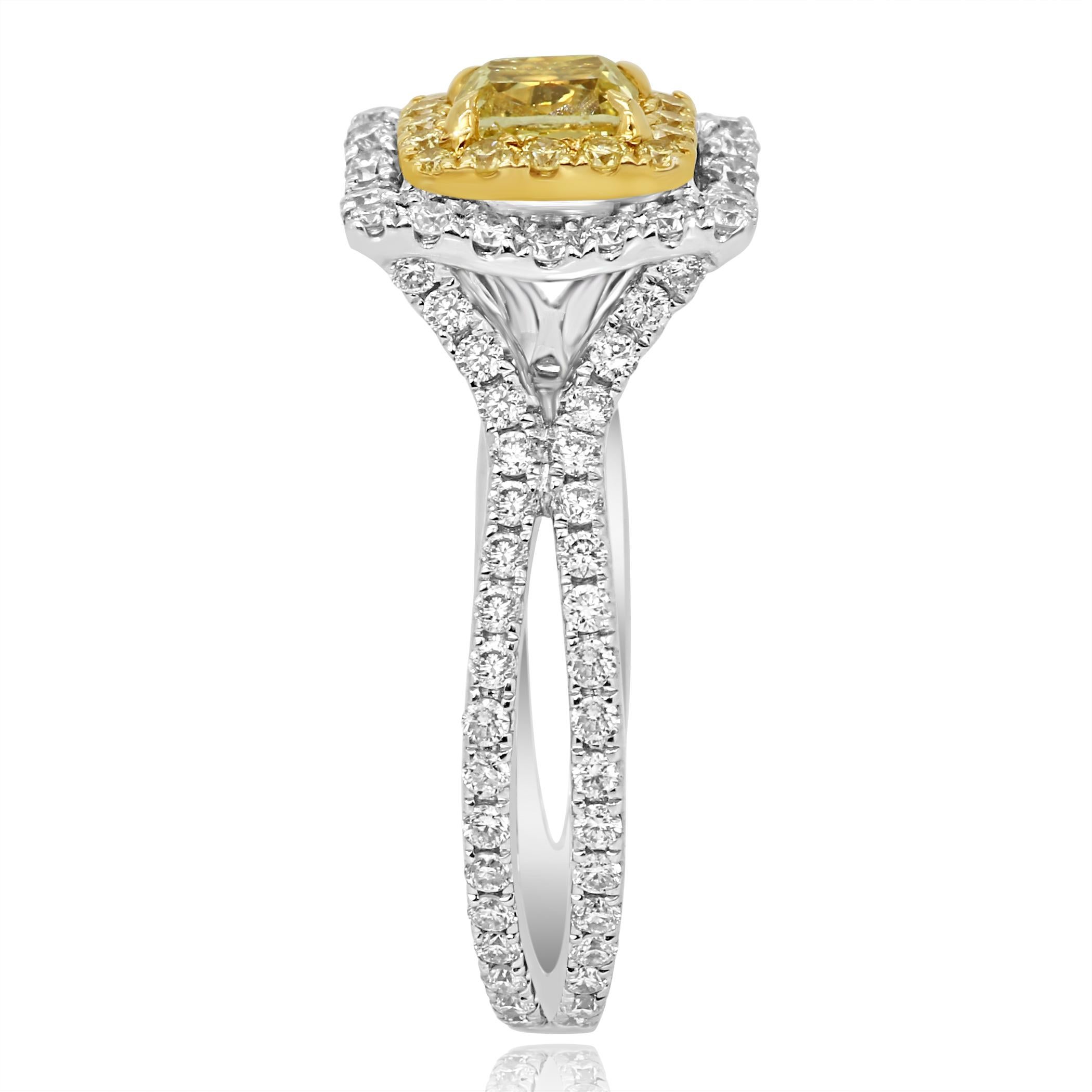 Natural Fancy Yellow Diamond Double Halo Two-Color Gold Bridal Fashion Ring 1
