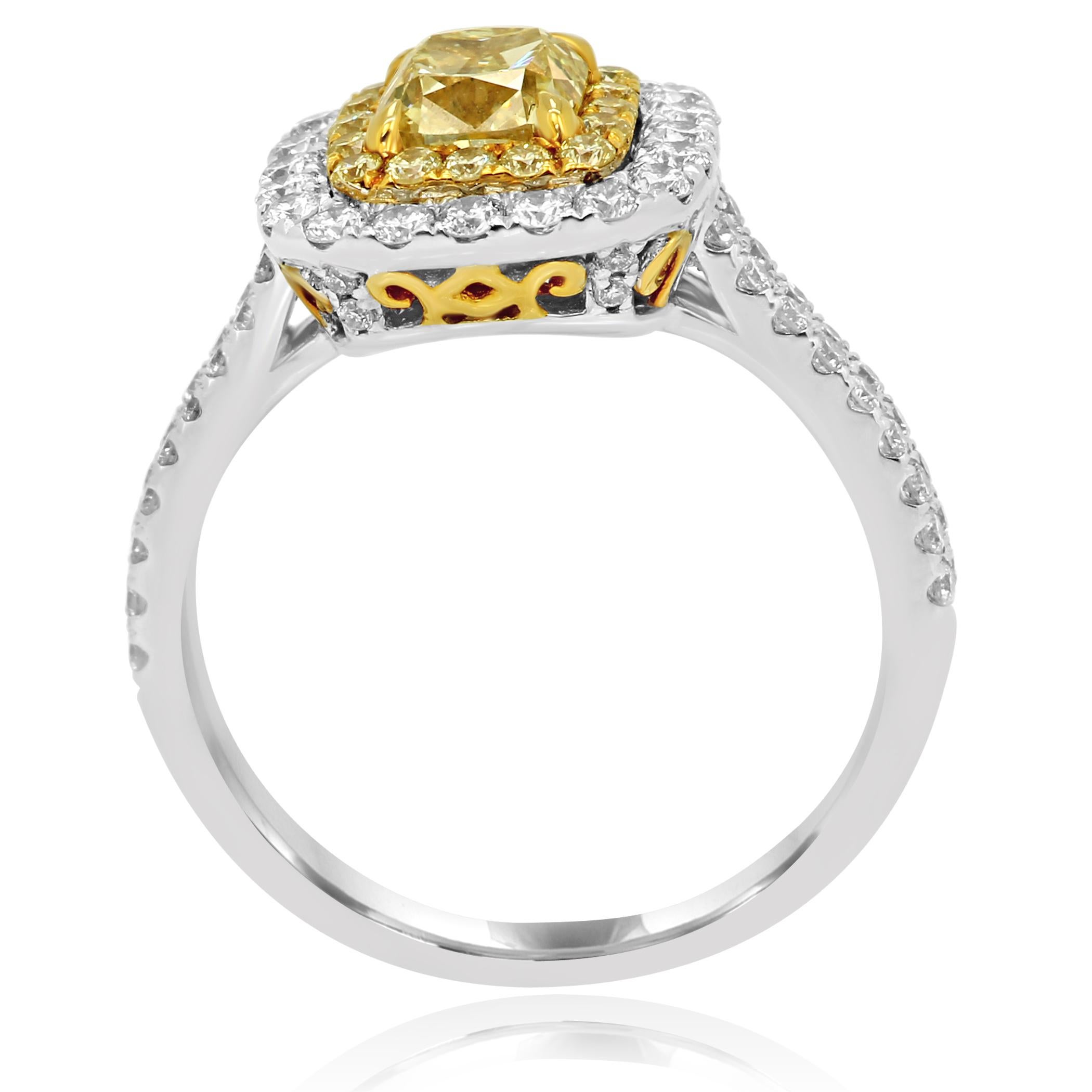 Natural Fancy Yellow Diamond Double Halo Two-Color Gold Bridal Fashion Ring 1