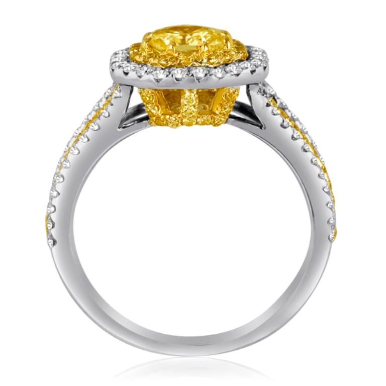 Natural Fancy Yellow Diamond Double Halo Two-Color Gold Bridal Fashion Ring 2